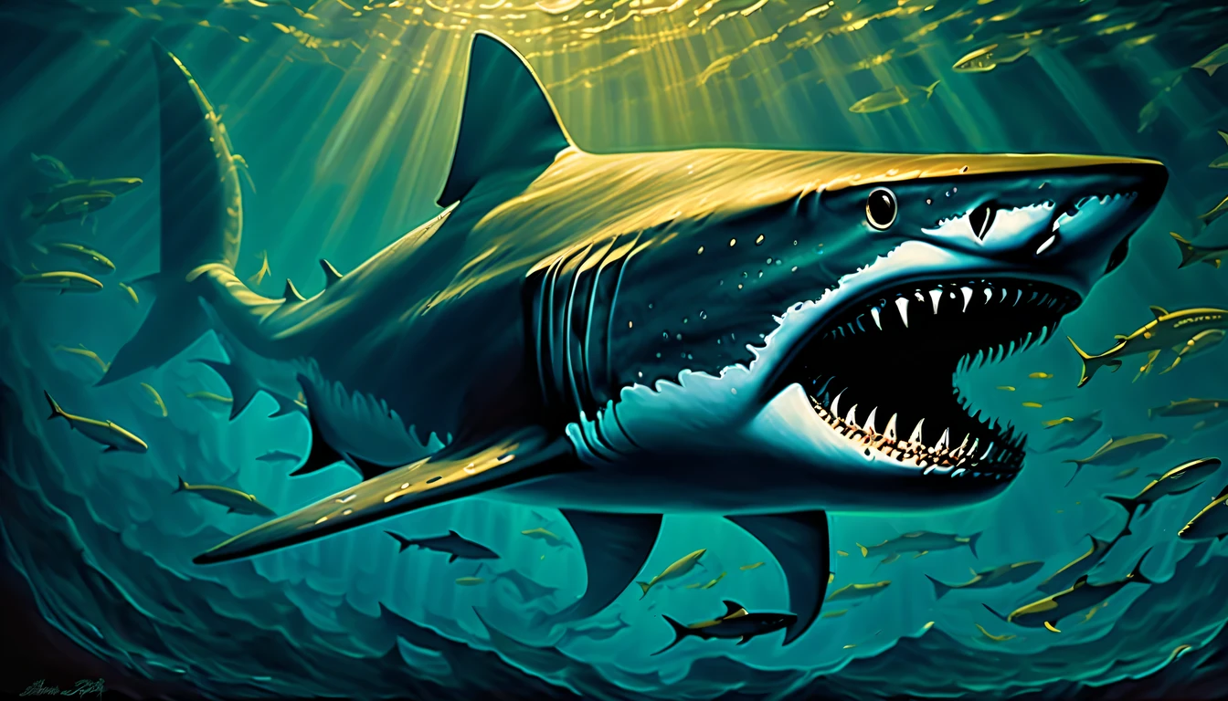 intricate detailed, in the mysterious depths of dark fantasy world, fearsome creature shark emerges, the battle shark, sleek and powerful form, shark skin bears striking texture, intertwines elegance swim, decay rays of light filter through the water, revealing the remnants sinking of long-lost civilization, lie down sunken ship emerges, covered in the scars of time, haunting image, a colossal leviathan lurks in the shadows, testament to the immense scale and danger of the deep-sea expression, mesmerizing strength painting captures the essence of mythical battle, surroundings fear atmosphere, intricate details of forgotten underwater realm, captivated masterful detail, highly quality, tonal contrast,