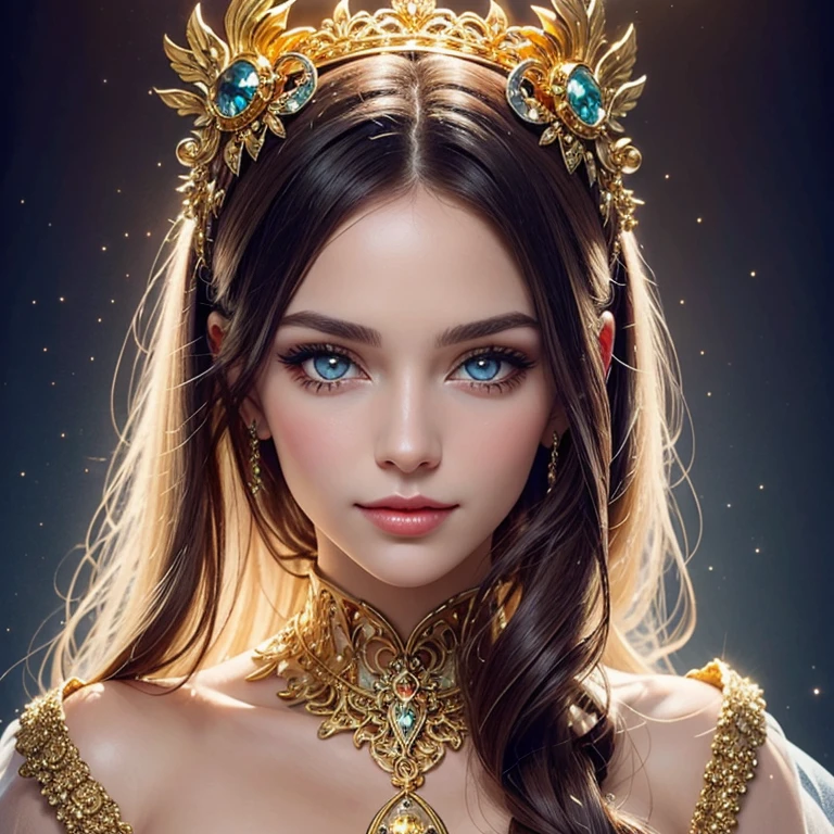 Angelique Marchioness of gold angels, beautiful eyes, lush eyelashes in front of eyes, on the face of a light smile, in the style of the artist Razumov, synth punk, frontal camera, baroque style,
girl with hair all different colors of the finest shiny organza with golden veins in fantastic whirl, glare, spray, pastel tones, juicy, filigree details, light elements, fantasy, beautiful, high detail, high resolution, 32k, mystic haze, background fabulous crystal forest, glitter