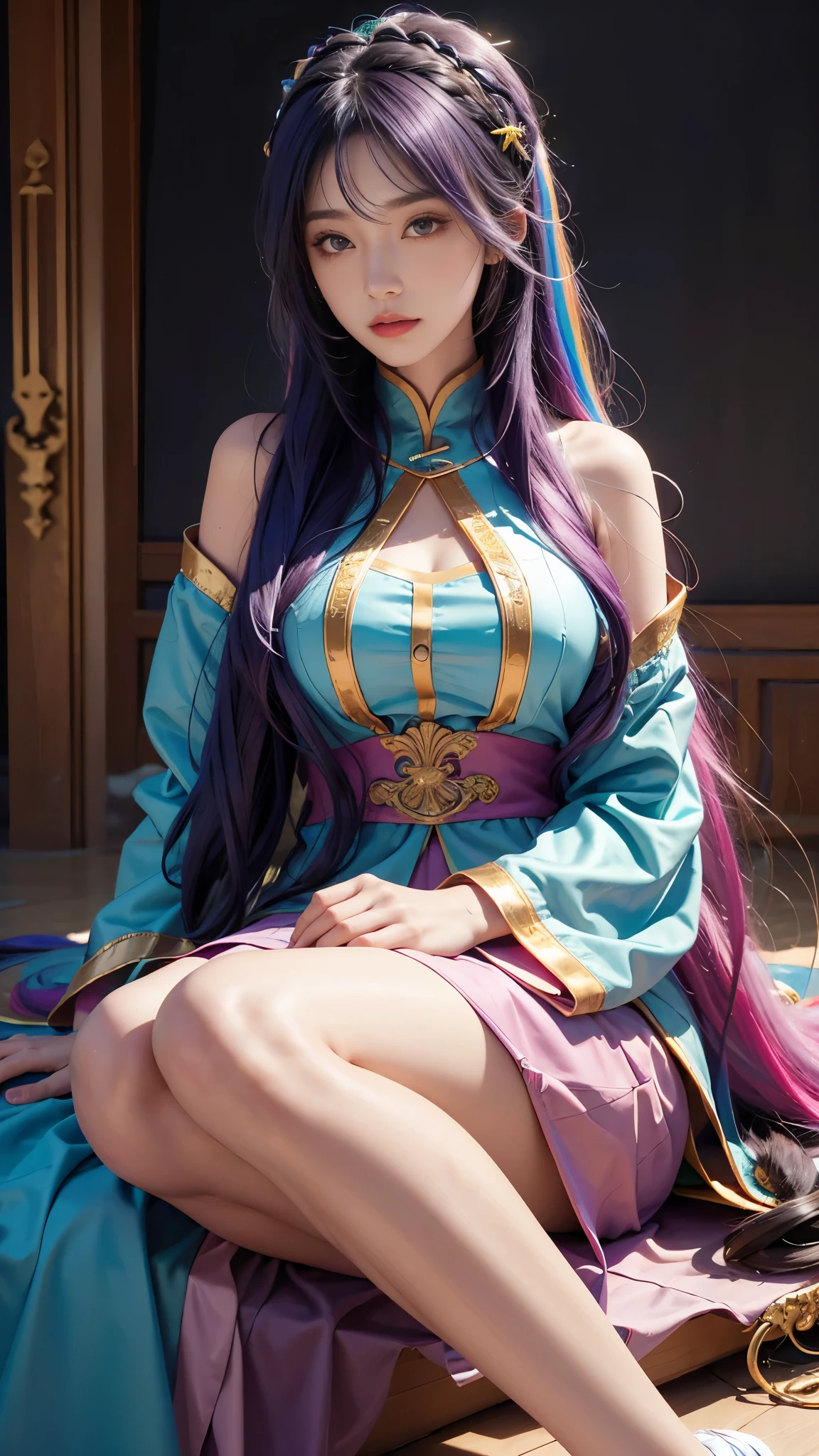 model shoot, (1 girl), long hair, rainbow hair, Islamic warrior, rainbow outfit, laces, shining:1.5, hyper realistic, super detailed, Dynamic shot, masterpiece, scene sharp détails, perfect eyes, perfect skin, perfect hands, sitting,
