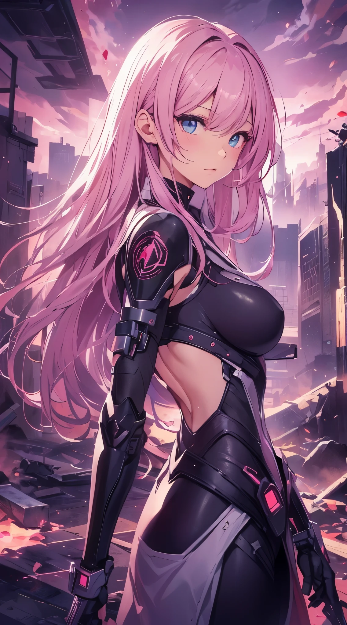 top-quality、Top image quality、masterpiece、girl with((18year old、cyborgs、System Dynamics、Metallic body、Best Bust、Medium bust、Long pink hair、Light blue eyes、Beautiful back、deadpan、Breasts wide open、low angles))hiquality、Beautiful Art、Background with(A desert、Collapsed buildings、natta、nigh sky、stele々)),masutepiece、Elaborate design、visualart、depth of fields、The best lighting、highestdetailed、low angles