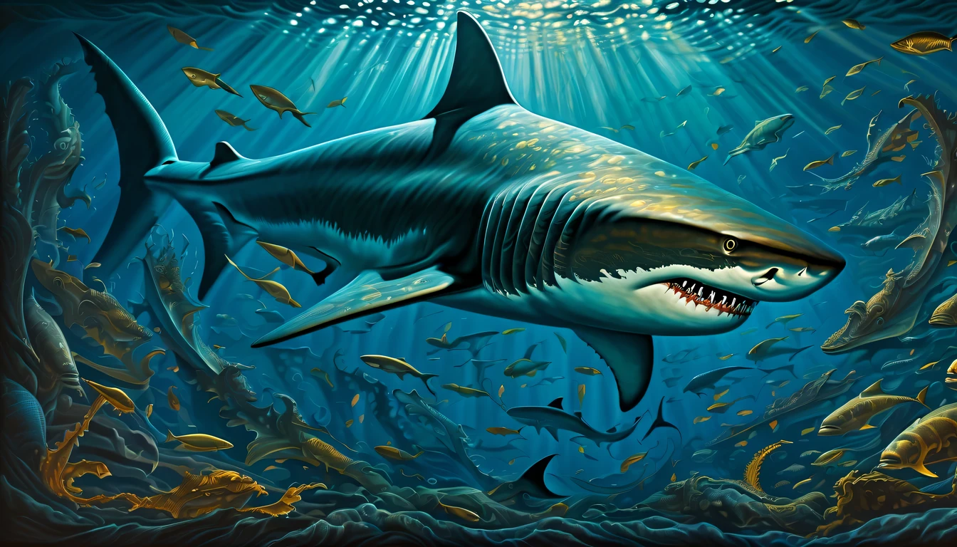 intricate detailed, in the mysterious depths of dark fantasy world, fearsome creature shark emerges, the battle shark, sleek and powerful form, shark skin bears striking texture, intertwines elegance swim, decay rays of light filter through the water, revealing the remnants sinking of long-lost civilization, lie down sunken ship emerges, covered in the scars of time, haunting image, a colossal leviathan lurks in the shadows, testament to the immense scale and danger of the deep-sea expression, mesmerizing strength painting captures the essence of mythical battle, surroundings fear atmosphere, intricate details of forgotten underwater realm, captivated masterful detail, highly quality, tonal contrast,