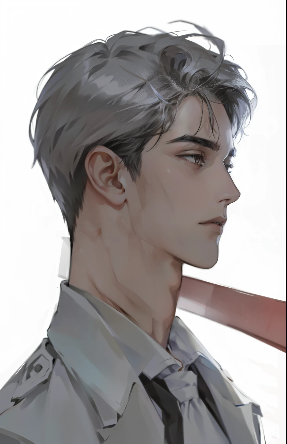 Drawing of a man with a tie around his neck., The neck is visible., Focus on the neck, Half-body picture, profile poses, white The neck is visible., Vertical side profile, Inspired by Jeon Seok Lee, thick jaw, Waist side profile rises vertically., digital sketch, Half-body picture, Beautiful long chest, long neck., strong jaw, attractive neck