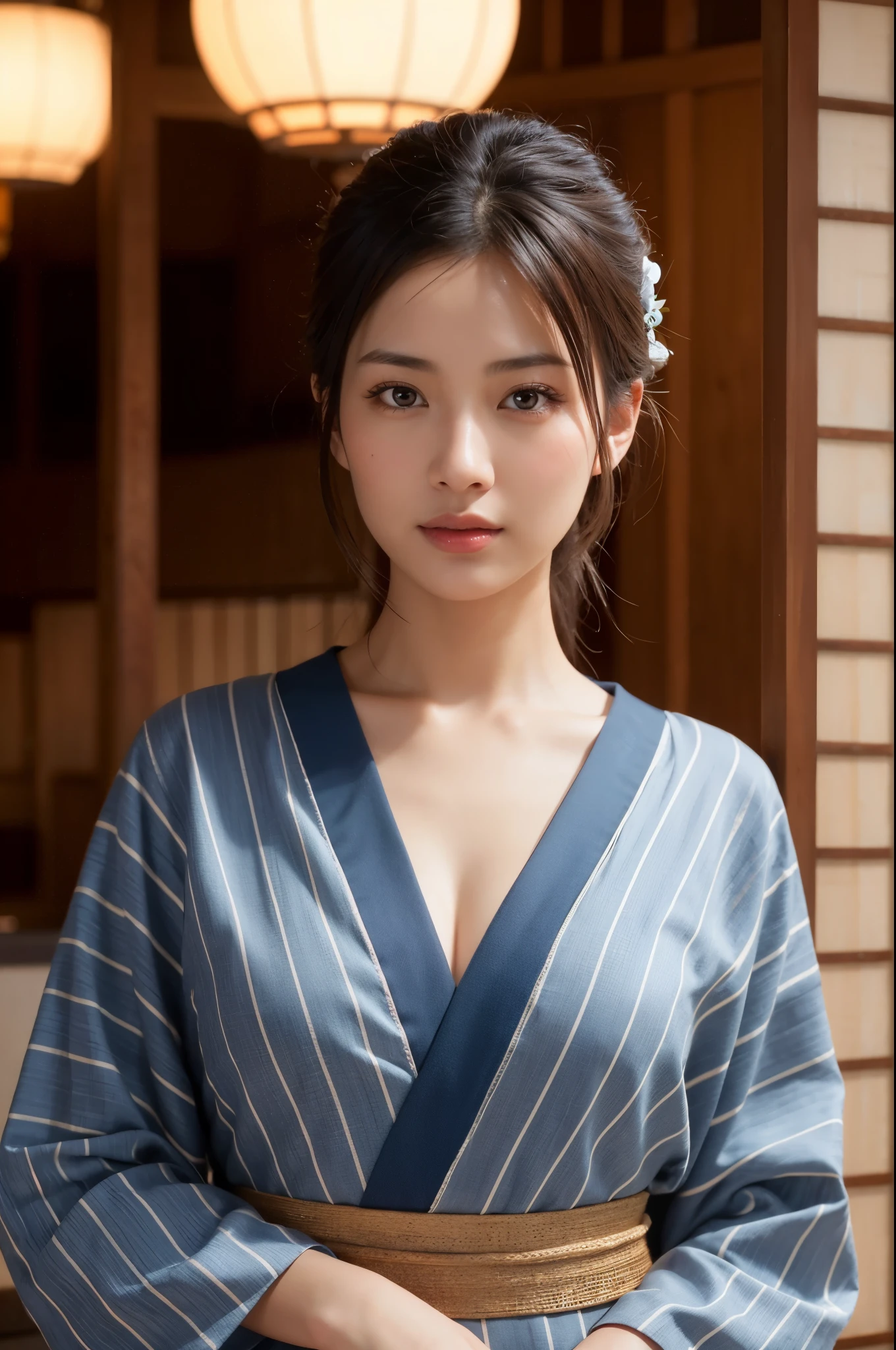 Highly detailed CG Unity 8k wallpaper, highest quality, masterpiece, (Realistic, photorealistic:1.4), ultra high res, (A beautiful Japanese Mature Woman in a Yukata with Monotone vertical stripes, solo), Inside a room in an old-fashioned Japanese onsen ryokan, portrait, Perfect feminine figure, Fascinating milf, Amazing beautiful face, bewitching Goddess, parted lips, glossy skin, cinematic composition, professional warm lighting and shading, ((extremely detailed eyes and face, eyes with beautiful details, insanely detailed beautiful realistic skin texture)), (correct body balance, accurate hands, accurate eyes)