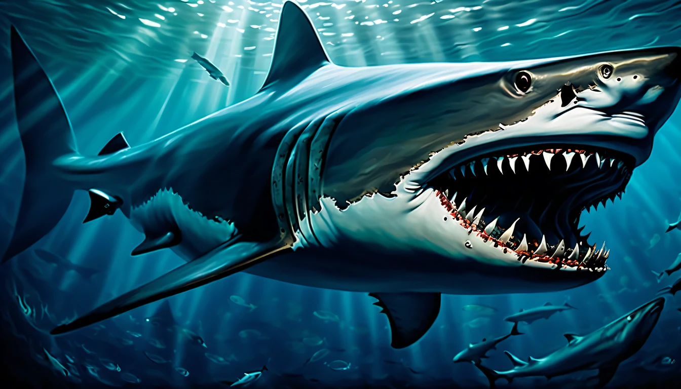 intricate detailed, in the mysterious depths of dark fantasy world, fearsome creature shark emerges, the battle shark, sleek and powerful form, shark skin bears striking texture, intertwines elegance swim, decay rays of light filter through the water, revealing the remnants sinking of long-lost civilization, lie down sunken ship emerges, covered in the scars of time, haunting image, a colossal leviathan lurks in the shadows, testament to the immense scale and danger of the deep-sea expression, mesmerizing strength painting captures the essence of mythical battle, surroundings fear atmosphere, intricate details of forgotten underwater realm, captivated masterful detail, highly quality, tonal contrast,