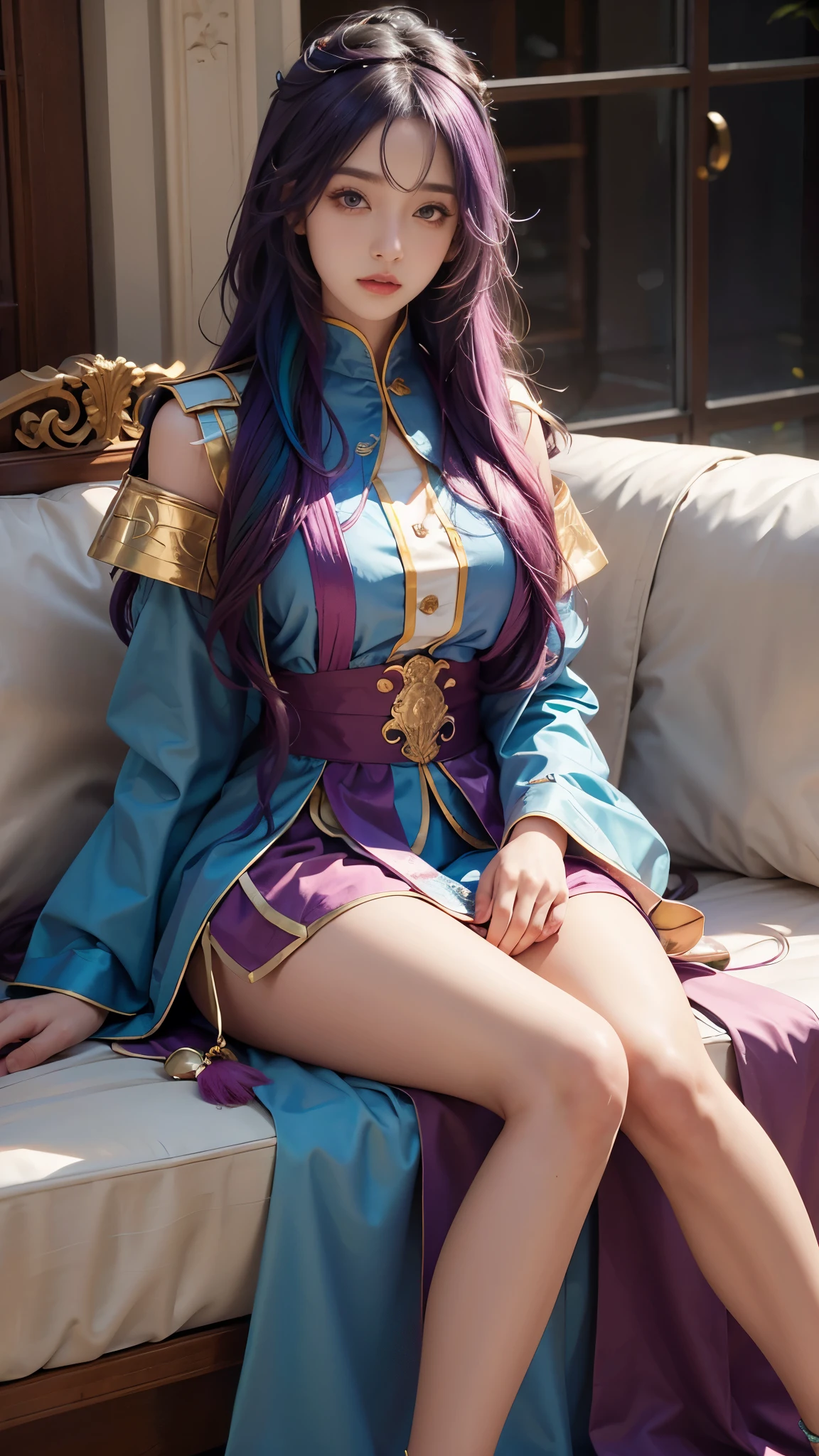 model shoot, (1 girl), long hair, rainbow hair, Islamic warrior, rainbow outfit, laces, shining:1.5, hyper realistic, super detailed, Dynamic shot, masterpiece, scene sharp détails, perfect eyes, perfect skin, perfect hands, sitting,