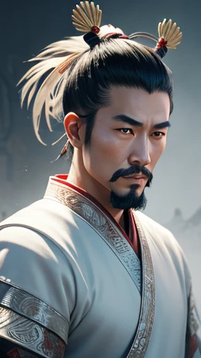oriental、ancient chinese man wearing white clothes、ancient chinese hairstyle men、three kingdom、multiple warlords、highest quality、masterpiece、ultra high resolution、(realistic:1.4)、game poster、Clear and beautiful image quality、solo