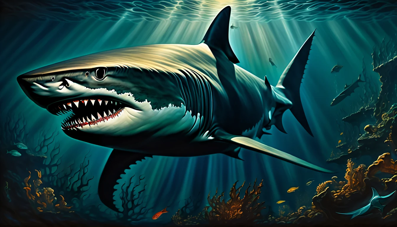 intricate detailed, in the mysterious depths of dark fantasy world, fearsome creature shark emerges, the battle shark, sleek and powerful form, shark skin bears striking texture, intertwines elegance swim, decay rays of light filter through the water, revealing the remnants sinking of long-lost civilization, lie down sunken ship emerges, covered in the scars of time, haunting image, a colossal leviathan lurks in the shadows, testament to the immense scale and danger of the deep-sea expression, mesmerizing strength painting captures the essence of mythical battle, surroundings fear atmosphere, intricate details of forgotten underwater realm, captivated masterful detail, highly quality, tonal contrast,