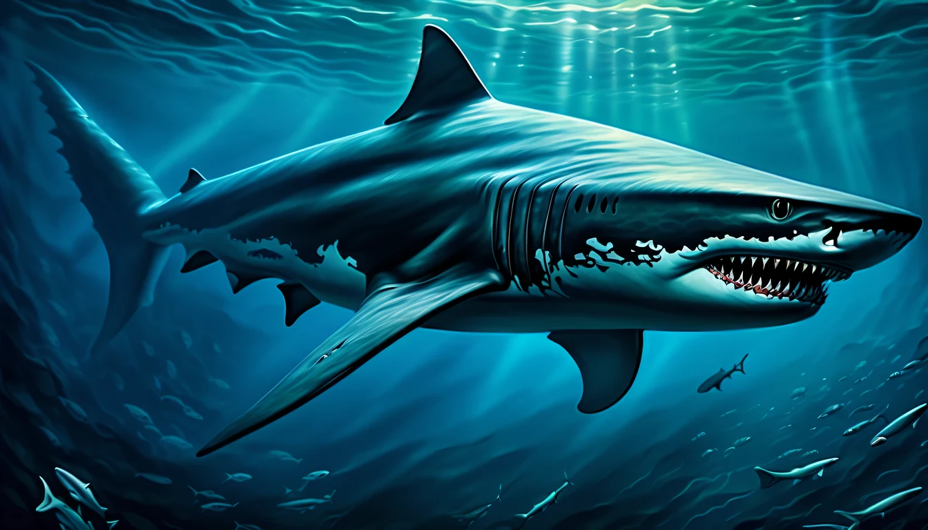 intricate detailed, in the mysterious depths of dark fantasy world, fearsome creature shark emerges, the battle shark, sleek and powerful form, shark skin bears striking texture, intertwines elegance swim, decay rays of light filter through the water, revealing the remnants sinking of long-lost civilization, lie down sunken ship emerges, covered in the scars of time, haunting image, a colossal leviathan lurks in the shadows, testament to the immense scale and danger of the deep-sea expression, mesmerizing strength painting captures the essence of mythical battle, surroundings fear atmosphere, intricate details of forgotten underwater realm, captivated masterful detail, highly quality, tonal contrast,