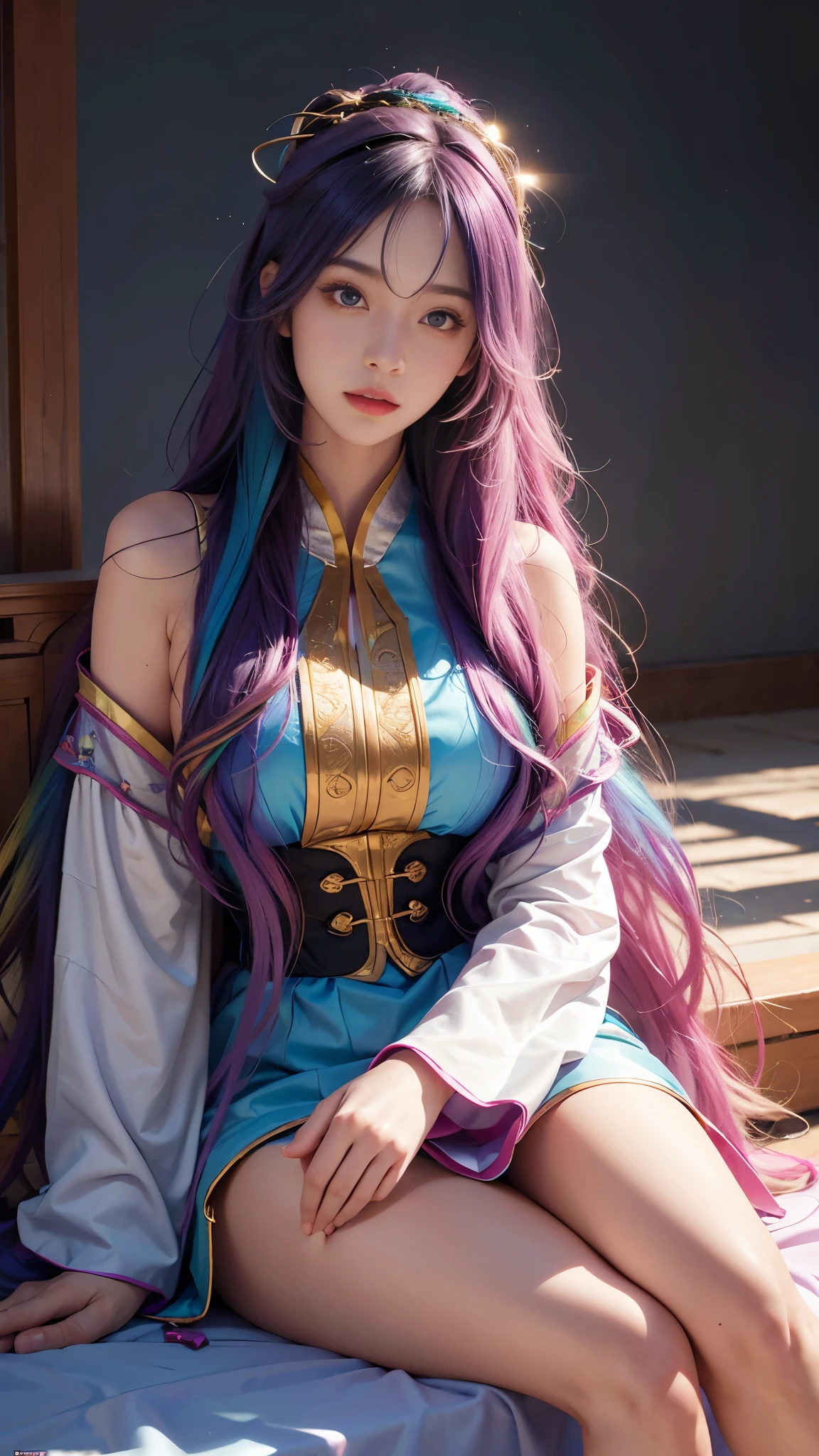 model shoot, (1 girl), long hair, rainbow hair, Islamic warrior, rainbow outfit, laces, shining:1.5, hyper realistic, super detailed, Dynamic shot, masterpiece, scene sharp détails, perfect eyes, perfect skin, perfect hands, sitting,