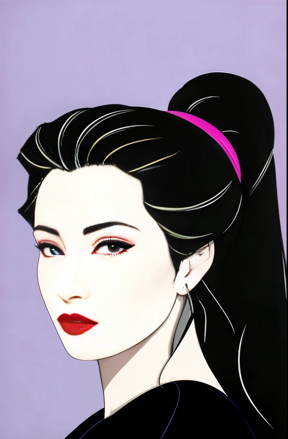 (Masterpiece Art:1.1), (最high quality), Woman with strapless dress and lipstick, gray background, Art style by Patrick Nagel, beautiful, Highly detailed painting, (highly detailed slopes), (detailed face), (fine eyes:1.1), (perfect breasts), model shoot, professional photography, official art, synthwave,  8K, hard disk, high quality,  award-winning, ponytail, 20-year-old, profile, japanese woman, long hair, 