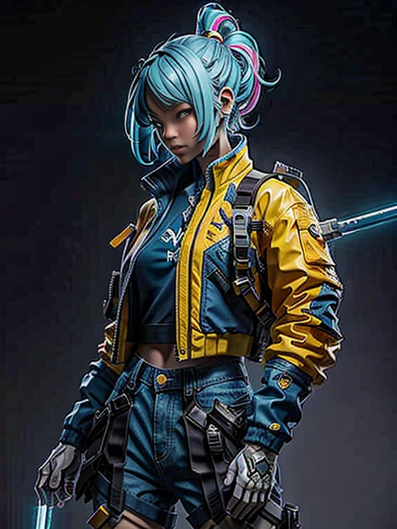 An asian blue hair girl, beautiful, wearing an yellow jacket, cropped white shirt, blue denim shorts, beautiful face, full body, colouful, cosmic, futuristic, detailed, golden hour, iridescent, vibrant, mark brooks, frank frazetta, david mann, kilian eng, jeff koons, digital paiting, surrealism, octane render, trending on artstation, she is holding a cosmic laser gun and running