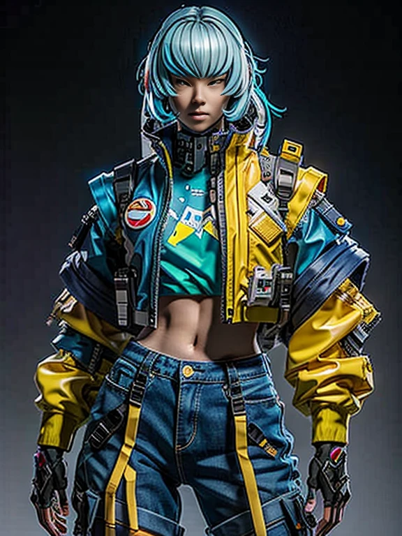 An asian blue hair girl, beautiful, wearing an yellow jacket, cropped white shirt, blue denim shorts, beautiful face, full body, colouful, cosmic, futuristic, detailed, golden hour, iridescent, vibrant, mark brooks, frank frazetta, david mann, kilian eng, jeff koons, digital paiting, surrealism, octane render, trending on artstation, she is holding a cosmic laser gun and running 