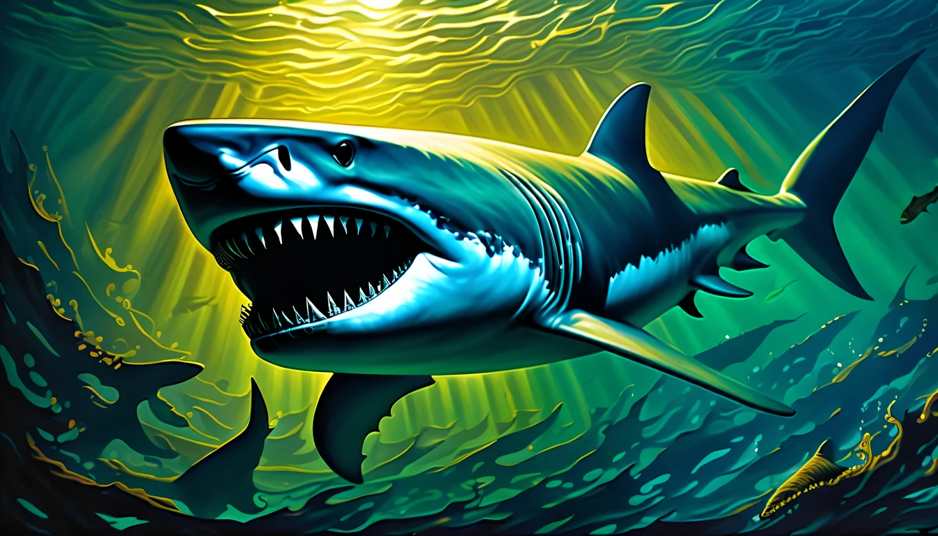 intricate detailed, in the mysterious depths of dark fantasy world, fearsome creature shark emerges, the battle shark, sleek and powerful form, shark skin bears striking texture, intertwines elegance swim, decay rays of light filter through the water, revealing the remnants sinking of long-lost civilization, lie down sunken ship emerges, covered in the scars of time, haunting image, a colossal leviathan lurks in the shadows, testament to the immense scale and danger of the deep-sea expression, mesmerizing strength painting captures the essence of mythical battle, surroundings fear atmosphere, intricate details of forgotten underwater realm, captivated masterful detail, highly quality, tonal contrast,