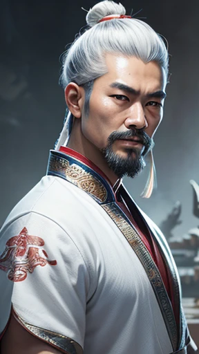 oriental、ancient chinese man wearing white clothes、ancient chinese hairstyle men、three kingdom、multiple warlords、highest quality、masterpiece、ultra high resolution、(realistic:1.4)、game poster、Clear and beautiful image quality、solo