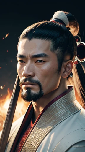 oriental、ancient chinese man wearing white clothes、ancient chinese hairstyle men、three kingdom、multiple warlords、highest quality、masterpiece、ultra high resolution、(realistic:1.4)、game poster、Clear and beautiful image quality、solo