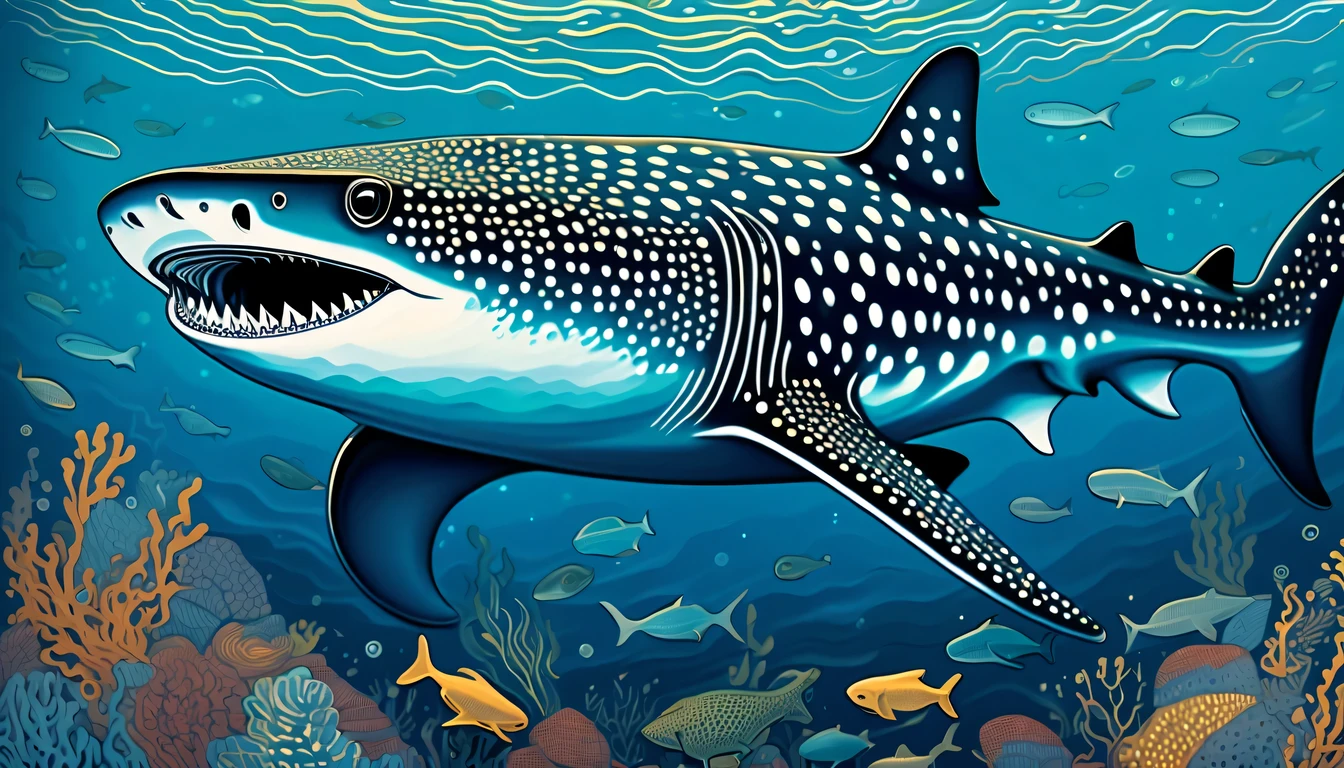 intricate detailed whale shark of stunning masterpiece, center position, swim along the bottom of the sea, light doesn't reach deep sea, rocks with seaweed, capturing the essence of both strength and creepy, dark detail aesthetics, visually striking gouache rendering, fear to delicate intricate, cinematic angle, best quality, tonal contrast, beautiful fine detail, stunning brush stroke, breathtaking masterpiece,