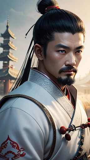 oriental、ancient chinese man wearing white clothes、ancient chinese hairstyle men、three kingdom、multiple warlords、highest quality、masterpiece、ultra high resolution、(realistic:1.4)、game poster、Clear and beautiful image quality、solo