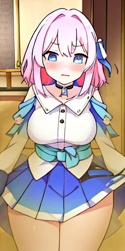 \(\(master piece\)\)、chest、beholderを見る、short hair、\(multicoloured_eyes:1.5\)、\(pink hair:1.8\)、bangs、blue eyes、\(Long Rock:1.4\)、\(ribbon earrings\)、masterpiece、最high quality、high quality、disorganized、shiny skin、colorful、dynamic pose、stunning art、best quality、Super detailed、dynamic angle、very detailed、Reflective hair、proper lighting、Ray tracing、Depth of bounds written、Super detailedな、An illustration、wonderful、fine details、very detailed、\(\(Super detailed\)\)、\(beautiful detailed girl\) 、beautiful detailed shine、intricate details、High resolution、very delicate and beautiful、beautiful detailed eyes、real、HDR、round eyes、detailed facial features、\(An illustration\)、\(beautiful detailed eyes\)、\(\(very detailed顔\)\)、Depth of bounds written、eyebrows visible through hair、frills、beholder、\(Upper body: 1.4\)、clothes reflecting light、\(skin light diffraction: 1.35\)、\(shiny skin: 1.55\)、\(iridescence effect: 1.55\)、clavicle、white shirt、long sleeve、choker、flower、blue camera、blue skirt、青いflower、\(indoor、potted plants: 1.5\)、critical angle、woman stinks、fart、shyness、blush、strain your face、full body photo、Gas comes out of the butt、big breasts