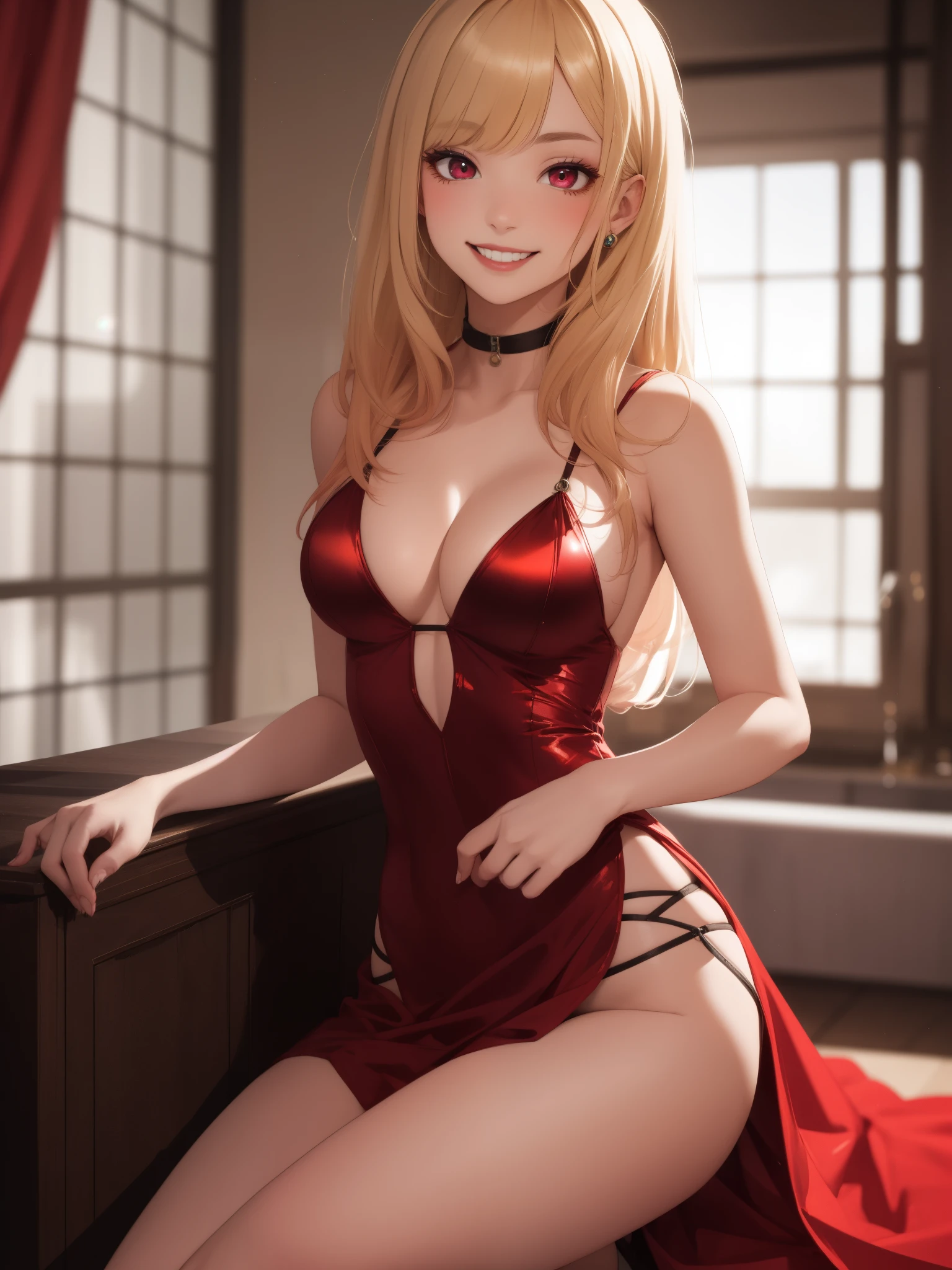 muste piece, 1 female, (((solo))), top quality, high resolution, In 4K, There is a cleavage in the chest, ((red sheer party dress)), medium chest, red eyes, blonde ,  whole body,  珰, smile