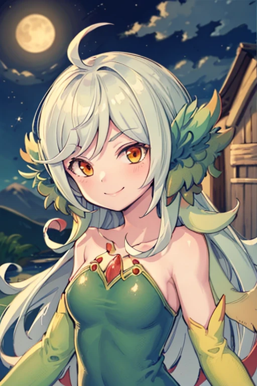 goblin, 1 girl, sylph, Crested Worm Quest, Ahoge, green hair, long hair, side lock, outdoor, Mountain, rivers, cloud, night, performer, Upper body smile, looking at the viewer