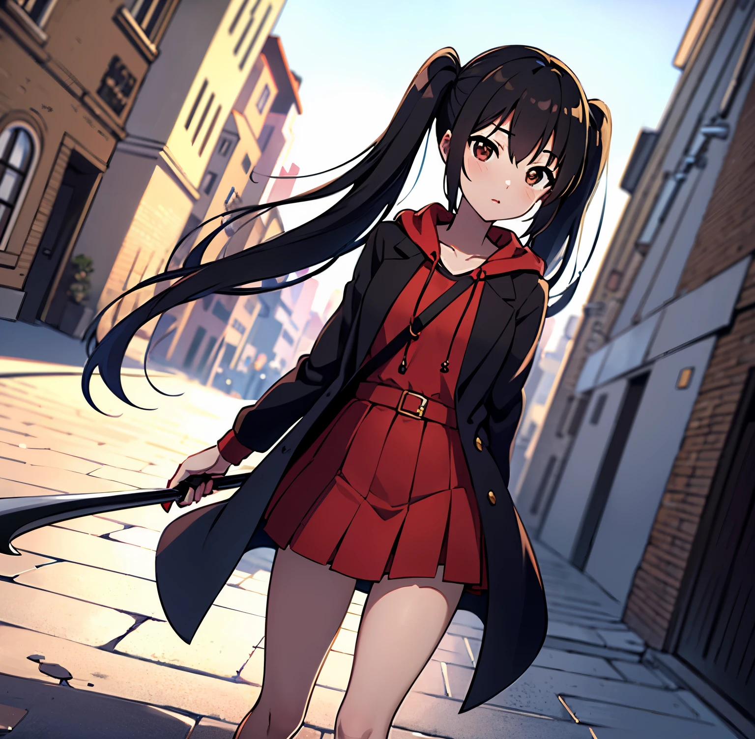 ((masterpiece)), high quality), best quality, 1 girl, a girl walking on cobblestone street, ((local cobblestone street background)),afternoon time,people walking, anime best girl, young anime girl, anime K-On!,Nakano Azusa,balck hair,(long twintail),(brown eyes),((holding scythe)),flat breast,((red hood overcoat)),short skirt,leg harness,dutch angle, close up