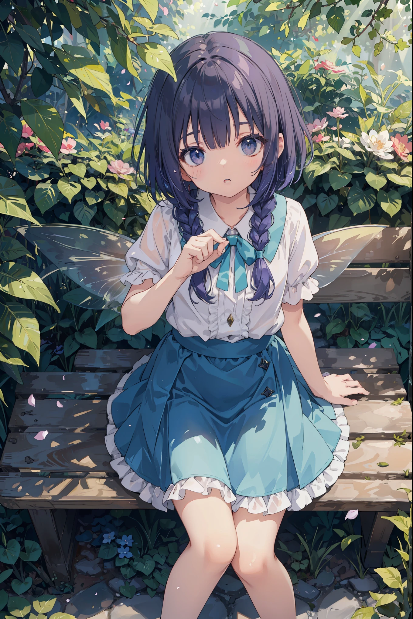 (solo:1.2),A beautiful Ukrainian woman sits on a bench in the garden,frilly dirt,race、look up from above,cobblestone,Dark blue-violet hair,Thin bob cut with one-length braids,(Hair grows from one eye),(dappled sunlight:1.2),Particle-like fantastic light source、Blurry,(Depth of bounds written:1.3),head tilt,:o,(petal),wood,faerie、conversation with fairies、,super dense skin, Best lighting by famous artists, 8K, Guidance on how to perform attractive poses by a famous master、cute illustration.