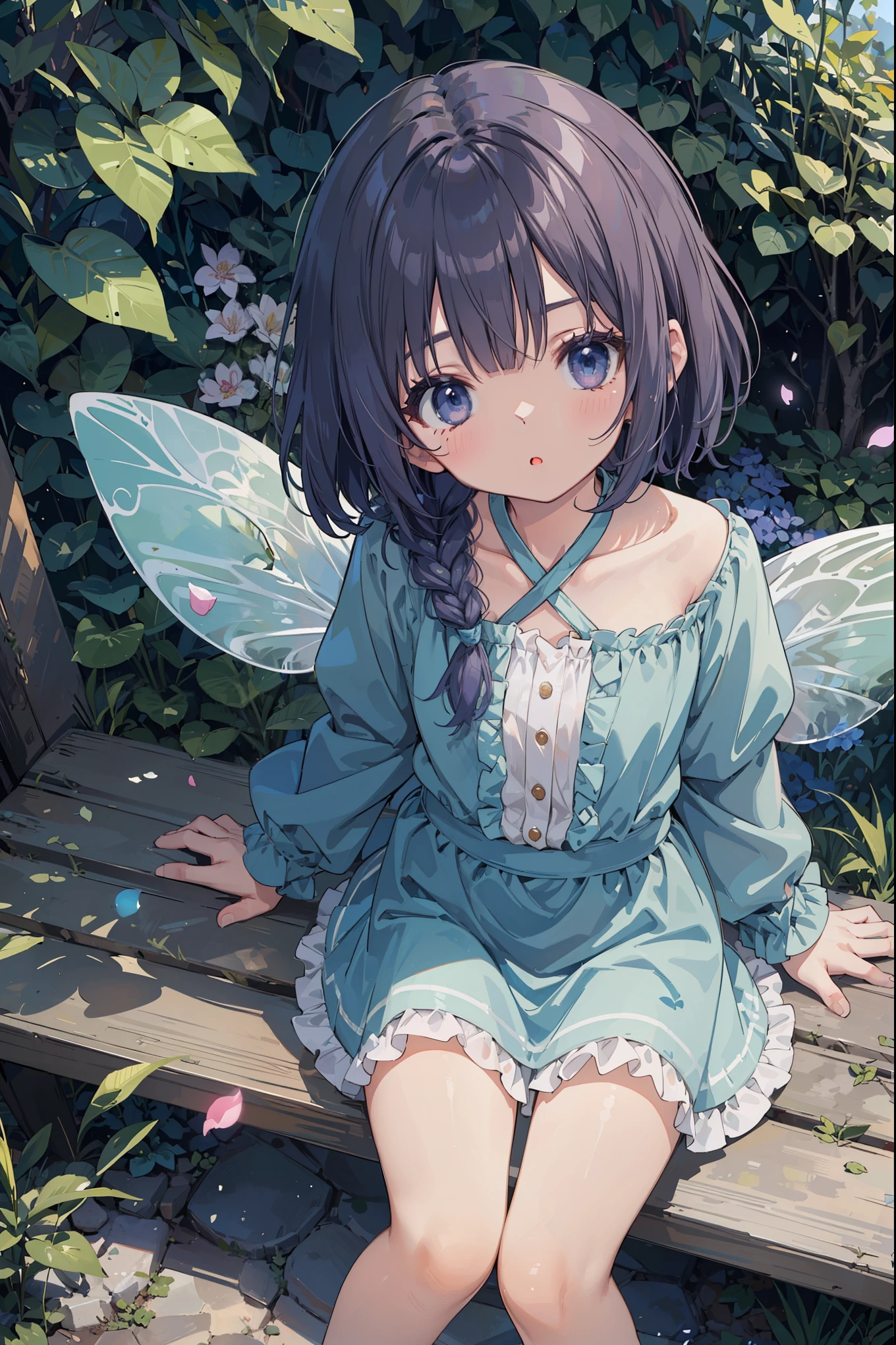 (solo:1.2),A beautiful Ukrainian woman sits on a bench in the garden,frilly dirt,race、look up from above,cobblestone,Dark blue-violet hair,Thin bob cut with one-length braids,(Hair grows from one eye),(dappled sunlight:1.2),Particle-like fantastic light source、Blurry,(Depth of bounds written:1.3),head tilt,:o,(petal),wood,faerie、conversation with fairies、,super dense skin, Best lighting by famous artists, 8K, Guidance on how to perform attractive poses by a famous master、cute illustration.