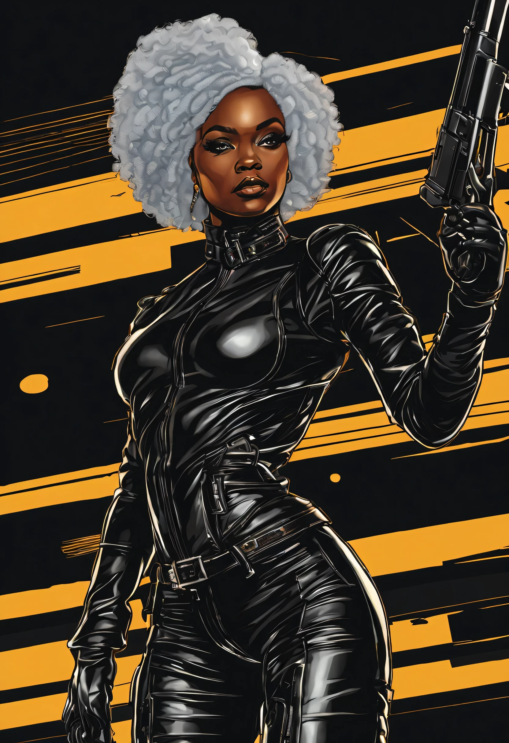 vector art, a close up of a black woman in a black leather outfit holding a gun, vector art by Mark Brooks, trending on cg society, afrofuturism, afro, black woman, afrofuturistic