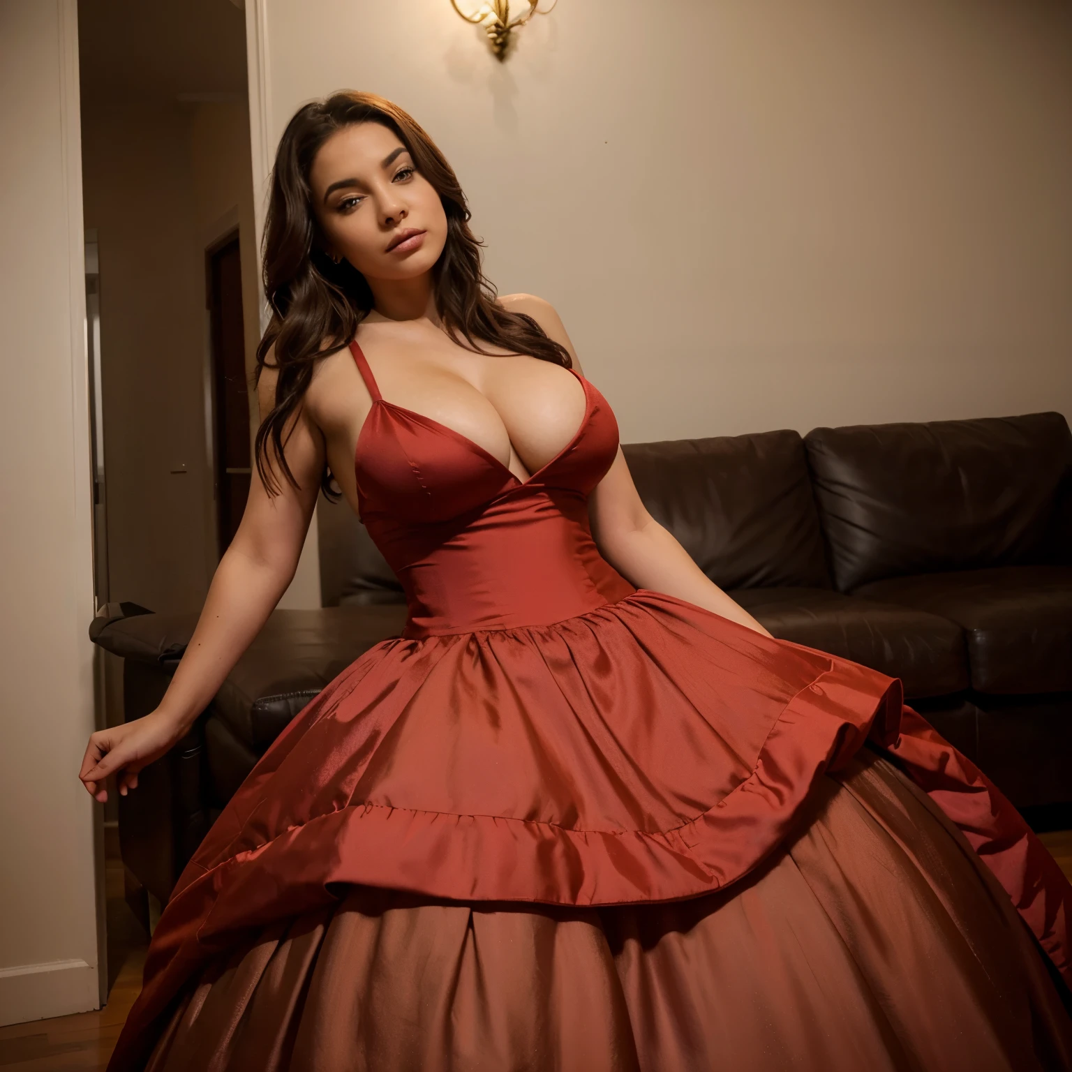 23 yrar lady, big thighs, medium size boobs, in ball gown, seducing look, bending from waist, ultrarealistic, near camera, stylish, doggy style pose, party
