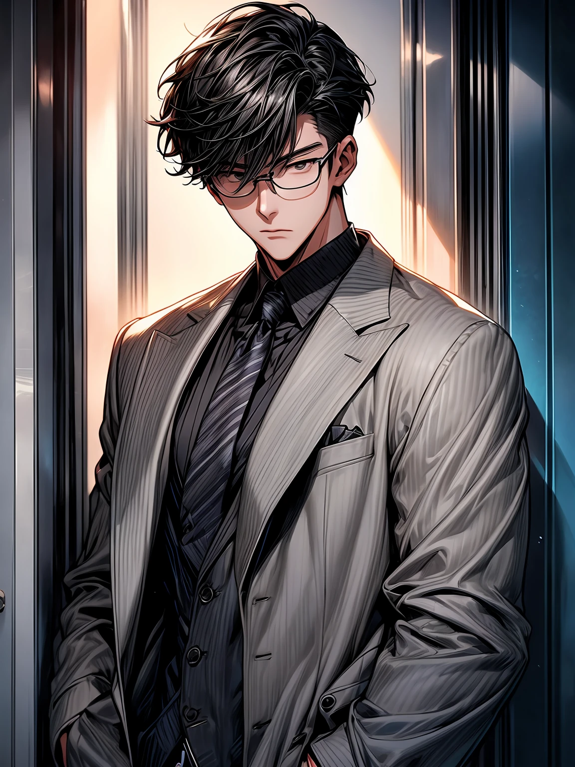 a man in a gray jacket standing next to a door, manhwa, webtoon, webtoons, punchable expression, male ulzzang, hyung - tae kim, hyung-tae kim, punchable face, official character illustration, this character has cryokinesis, name of the character is chad, siwoo kim, heonhwa choe, hong june hyung