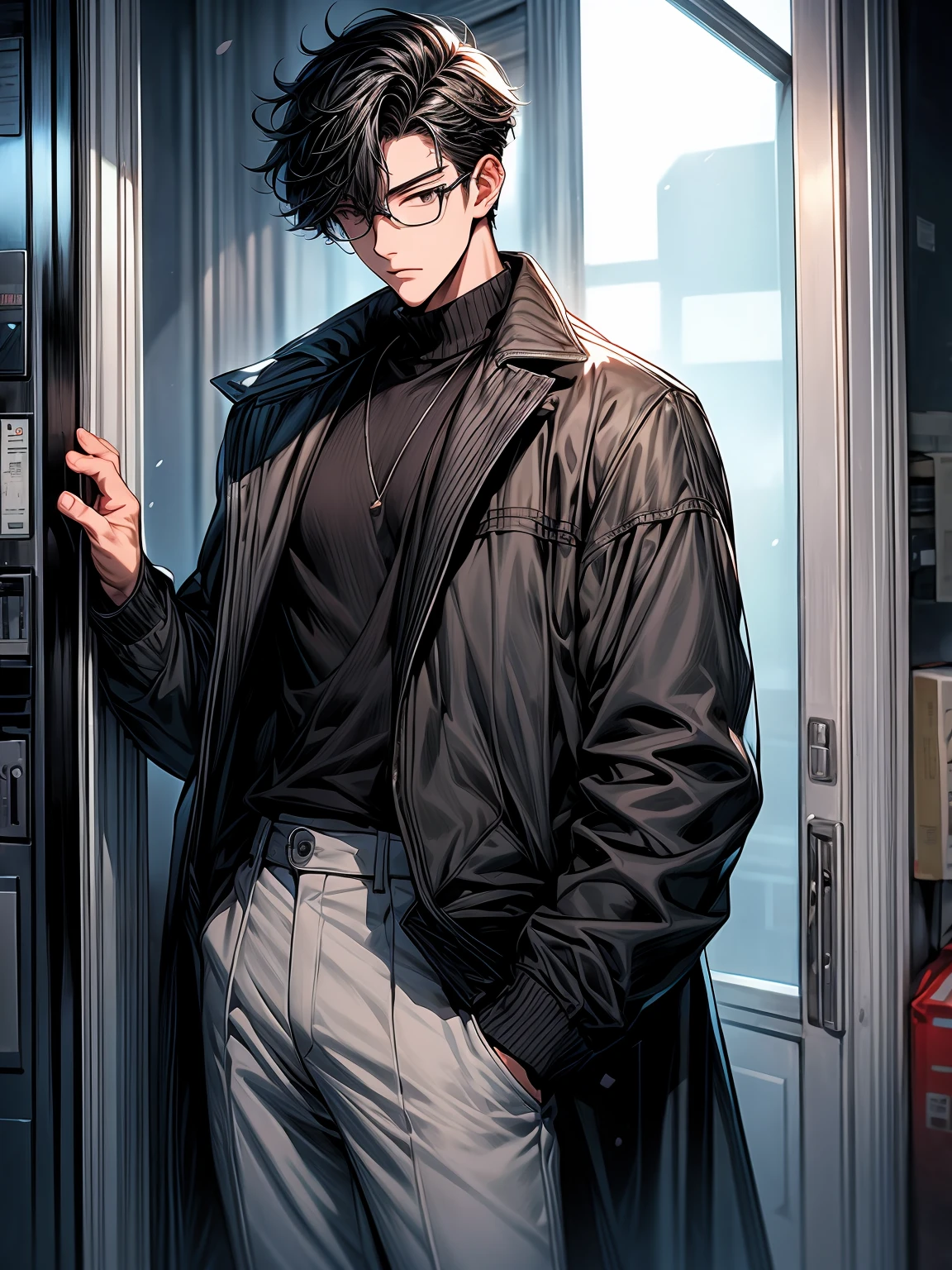 a man in a gray jacket standing next to a door, manhwa, webtoon, webtoons, punchable expression, male ulzzang, hyung - tae kim, hyung-tae kim, punchable face, official character illustration, this character has cryokinesis, name of the character is chad, siwoo kim, heonhwa choe, hong june hyung