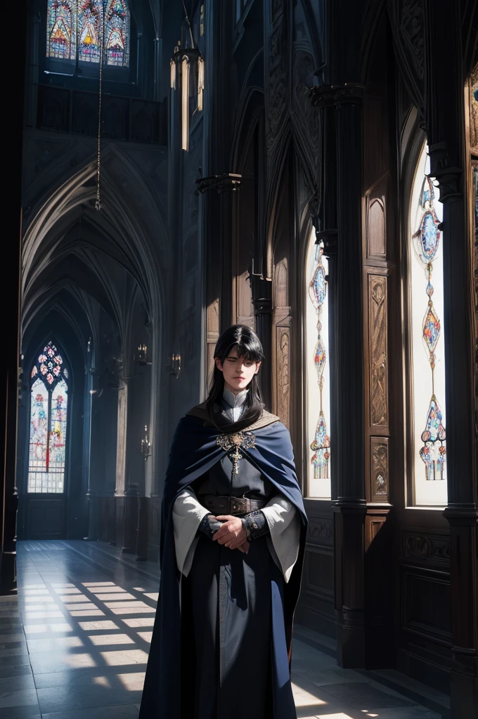 (best quality,4k,8k,highres,masterpiece:1.2),ultra-detailed,(realistic,photorealistic,photo-realistic:1.37),16-year-old young wizard,deep blue robe,deep blue cloak,detailed fabric texture,enchanting,flowing cloak,black mask,upper half of his face,short bluish black hair,sleek hairstyle,glowing white eyes,intense gaze,standing,hallway,castle,medieval architecture,stone walls,misty atmosphere,dark lighting,grand chandelier,moonlight streaming through stained glass windows,high ceiling,tiled floor,ornate wooden doors,aged,secretive,labyrinthine corridors,mysterious air,runic engravings on the walls,dancing shadows,ominous magic in the air