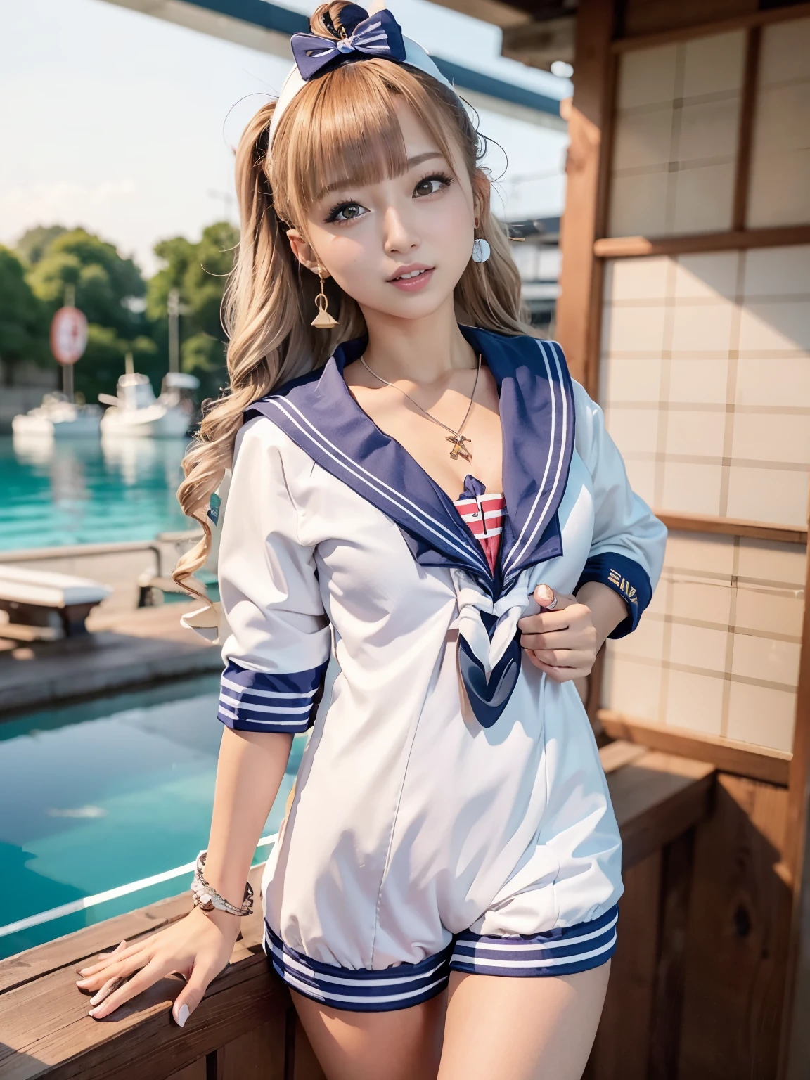NSFW、Japanese、age face、idol face、cute face、(((Japanesee sailor suits:1.5)))、burst chest、超burst chest、thin、thin waist、one girl、8K、Best image quality ultra high resolution、(Photoreal)、Masterpiece symmetrical high resolution RAW color professional close photo 、(high resolution face:1.1)(cleavage:1.2)、Japanese face、blurred background、thinピンク色のリップ、good lighting、gal makeup、flashy makeup、thin pink lips、Moisturized lips、heavy makeup、wavy hair、medium hair、silver hair、silver hair with asymmetrical bangs、double eyelid、tanned skin、Japanese face、brown skin、Gal style long necklace、gal style bracelet、gal accessories、Fancy piercings、body piercing、whole body、laughter、by the pool、resort、brown skin、Black gal、sexy pose、naughty pose、chest focus、whole bodyエスビアン