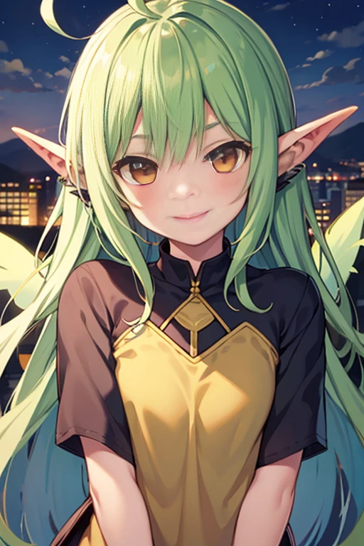 goblin, 1 girl, sylph, Crested Worm Quest, Ahoge, green hair, long hair, side lock, outdoor, Mountain, rivers, cloud, night, performer, Upper body smile, looking at the viewer