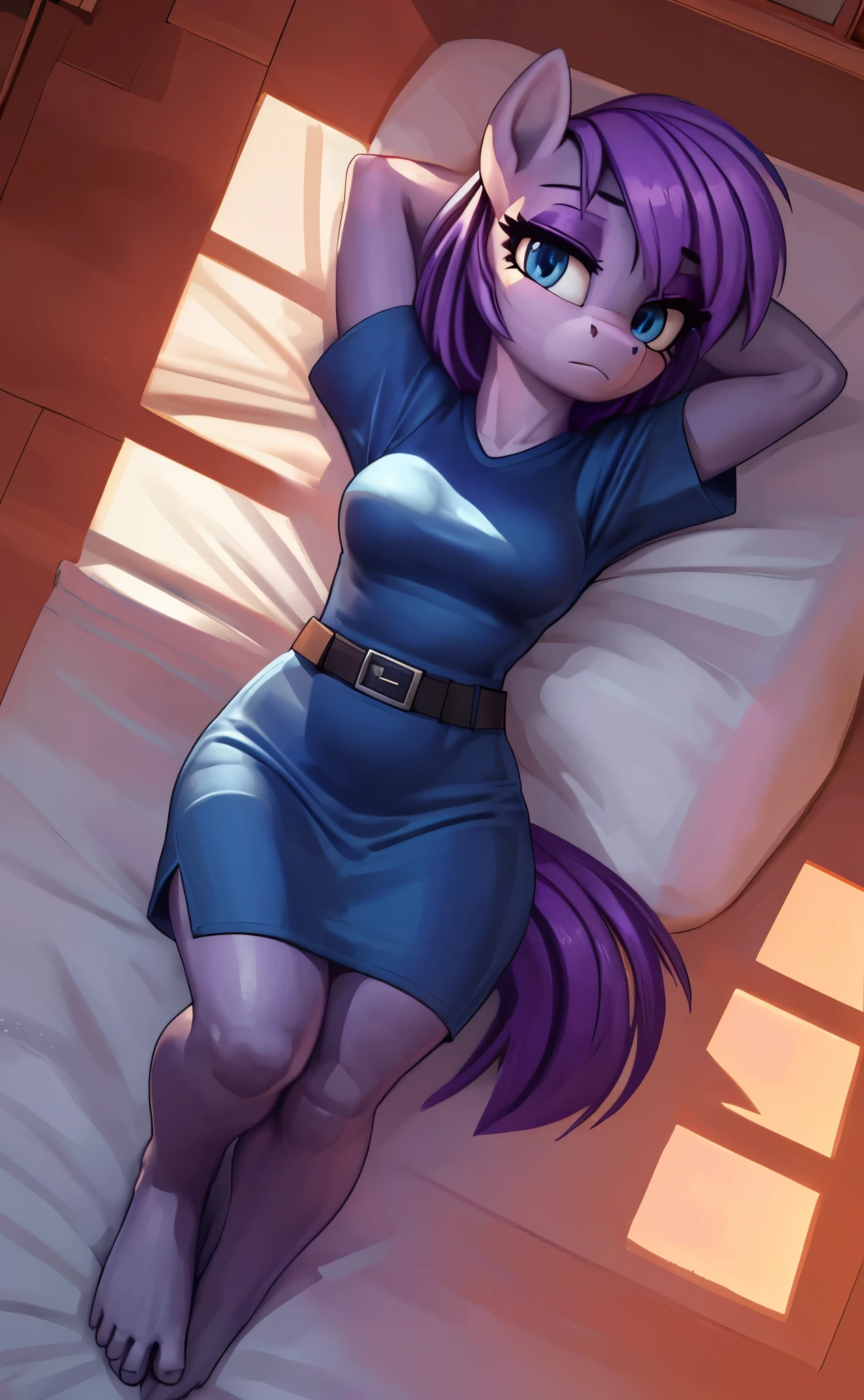 [maud pie], [Uploaded to e621.net; (Pixelsketcher), (mayosplash), (wamudraws)], [uploaded to twitter.com; (@senip)], ((masterpiece)), ((HD)), ((high res)), ((solo portrait)), ((full body)), ((bird's-eye view)), ((feet visible)), ((pony; anthro horse)), ((detailed fur)), ((detailed shading)), ((beautiful render art)), {anthro female; (slim figure), grey fur, horse snout, (long straight purple hair), (straight bang), (long purple tail), (cute light-blue eyes), (long eyelashes), (purple eyeshadow), (curvy hips), (thick thighs), (beautiful legs), (beautiful feet), (humanoid feet), (bored expression)}, {(tight u-neck blue dress), (short sleeves), (short tight blue pencil dress), (black waist belt with silver buckle)}, {(laying on bed), (hands behind head), (wiggling toes), (looking at viewer)}, [background; (living room), (window), (sunset), (orange sky), (sun rays), (ambient lighting)]