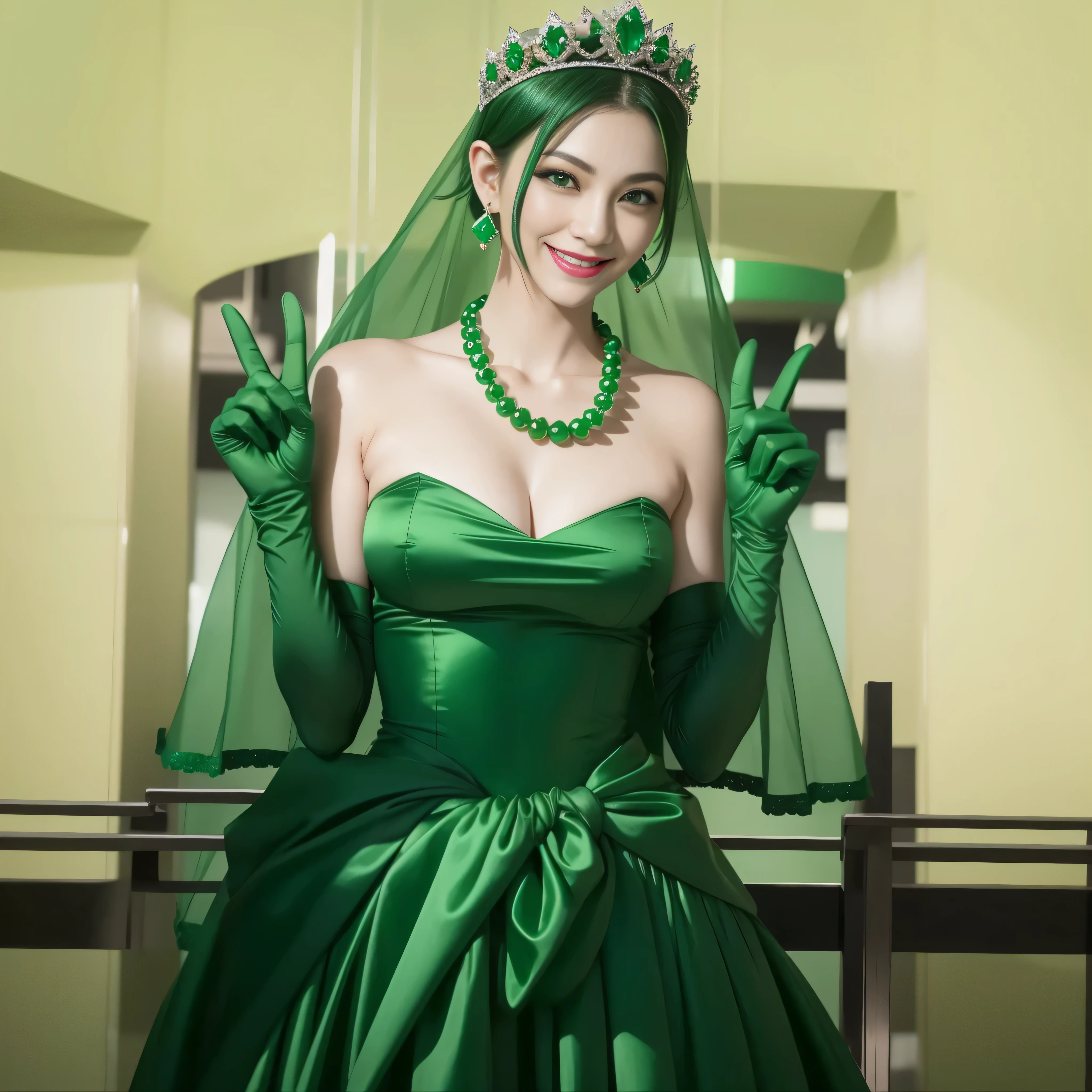 emerald tiara, green pearl necklace, boyish very short green hair, lipstick, smiling Japanese woman, very short hair, big breasts beautiful, green eyes, Long green satin gloves, green eyes, V sign, emerald earrings, green veil