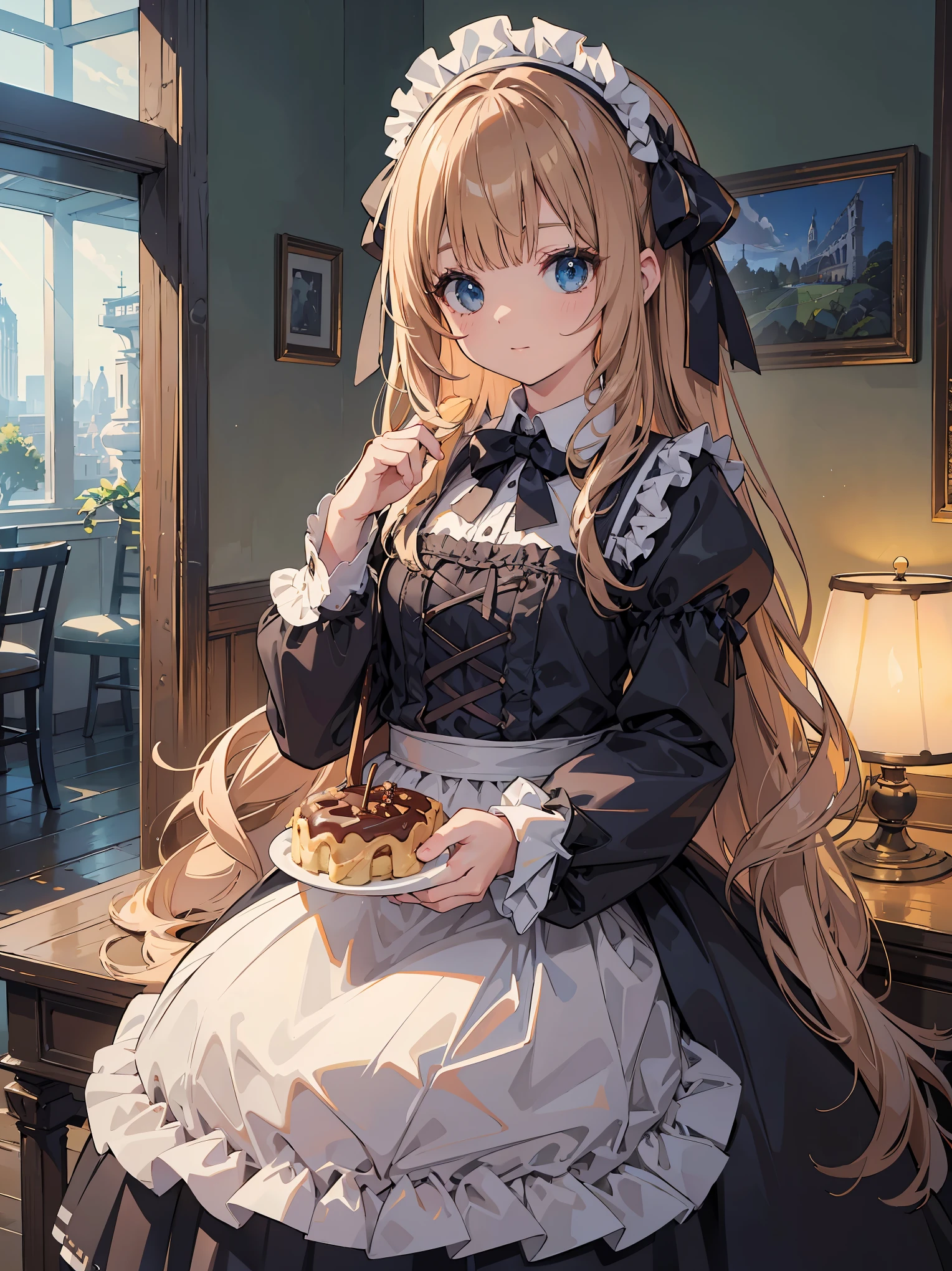 masterpiece, best quality, doamarie, twintails, x hair ornament, hair ribbon, choker, harness, black skirt, black dress, detached sleeves, black sleeves, frills, looking at viewer, smile, platform boots, sitting, table, chair, mansion, teapot, cake