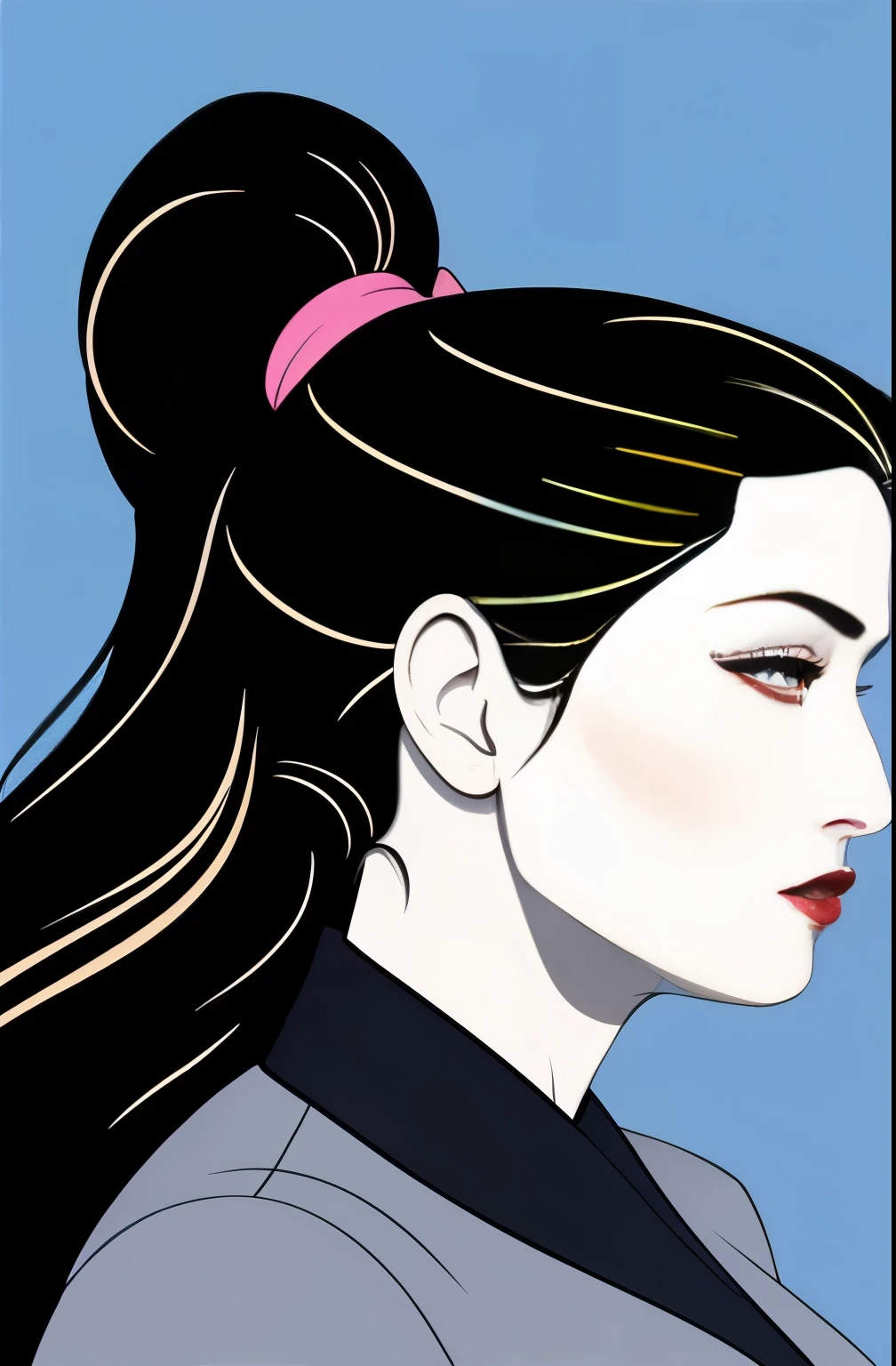 (Masterpiece Art:1.1), (最high quality), Woman with strapless dress and lipstick, gray background, Art style by Patrick Nagel, beautiful, Highly detailed painting, (highly detailed slopes), (detailed face), (fine eyes:1.1), (perfect breasts), model shoot, professional photography, official art, synthwave, 8K, hard disk, high quality, award-winning, ponytail, 20-year-old, profile, japanese woman, long hair, profile,