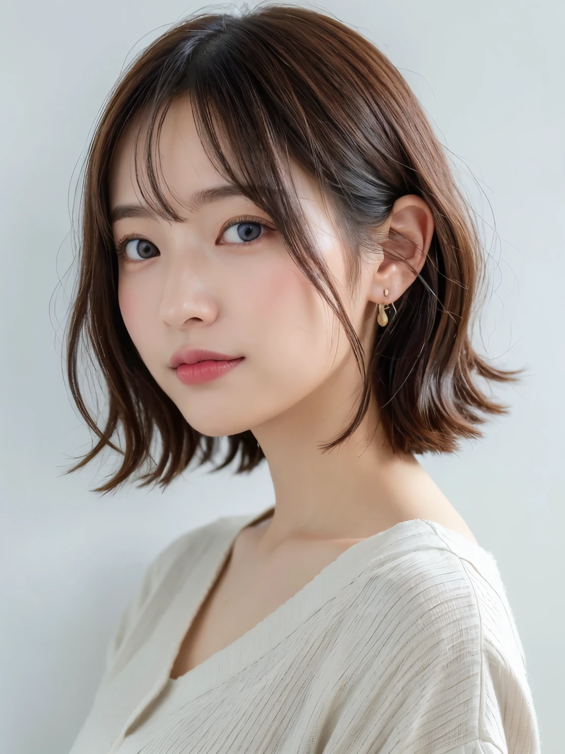 (8K、Raw photo、highest quality、masterpiece:1.2)、High-definition RAW color photo、professional photos、(realistic、photo realistic:1.37)、cinematic light、1 girl、laughter、white wall、Taken in front of the white door、(窓のあるwhite wallの部屋)、Versatile poses、Winter clothes、simple necklace、(Beautiful profile:1.3)、Don't look at the camera、profile、bob、bobヘア、bob cuts、((Navy hair color))、ロングbob、profile、normal and detailed eyes、Dark brown eyes、earrings、(pastel clothing)