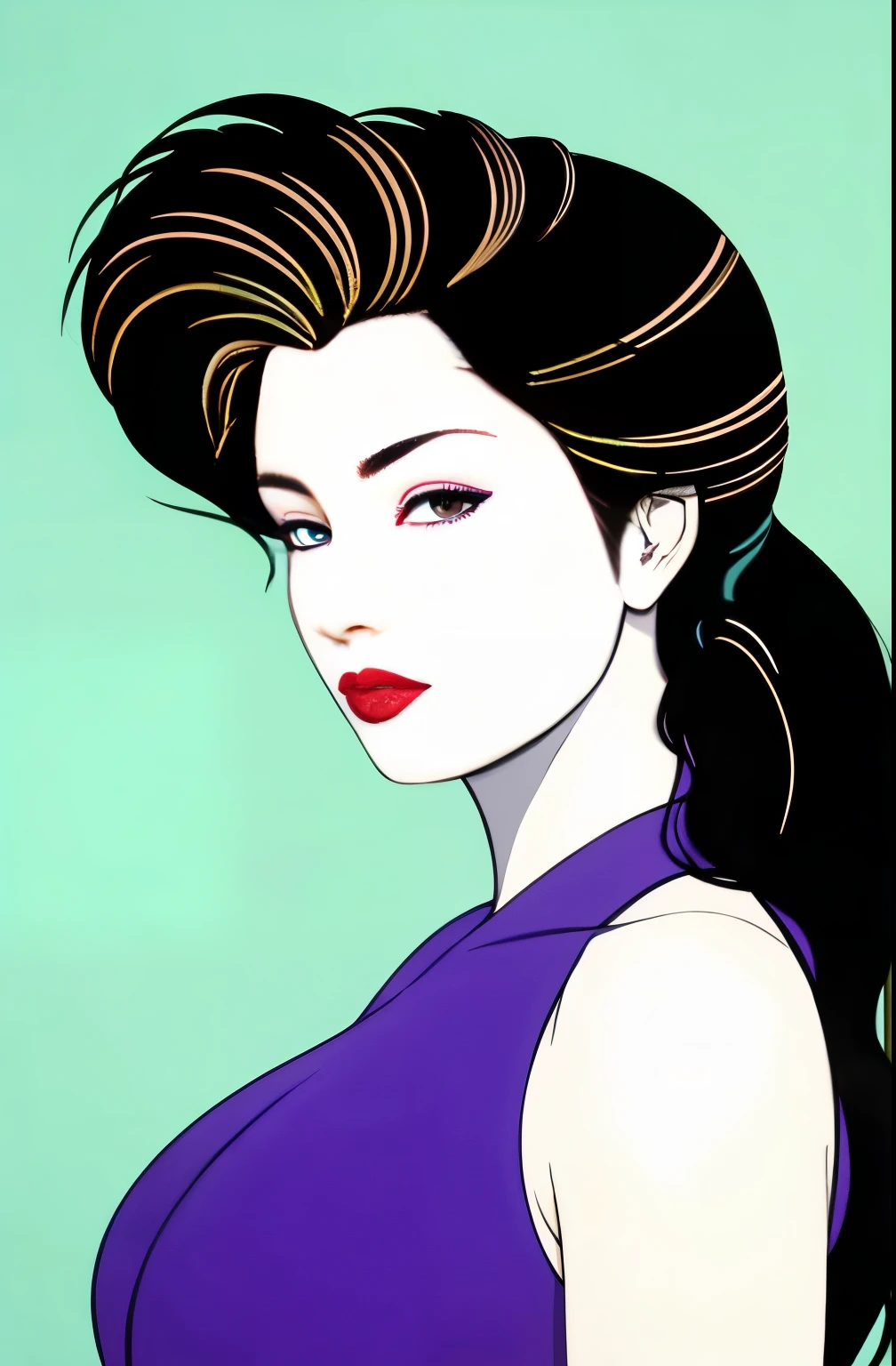 (Masterpiece Art:1.1), (最high quality), Woman with strapless dress and lipstick, gray background, Art style by Patrick Nagel, beautiful, Highly detailed painting, (highly detailed slopes), (detailed face), (fine eyes:1.1), (perfect breasts), model shoot, professional photography, official art, synthwave,  8K, hard disk, high quality,  award-winning, ponytail, 20-year-old, profile, japanese woman, long hair, profile,