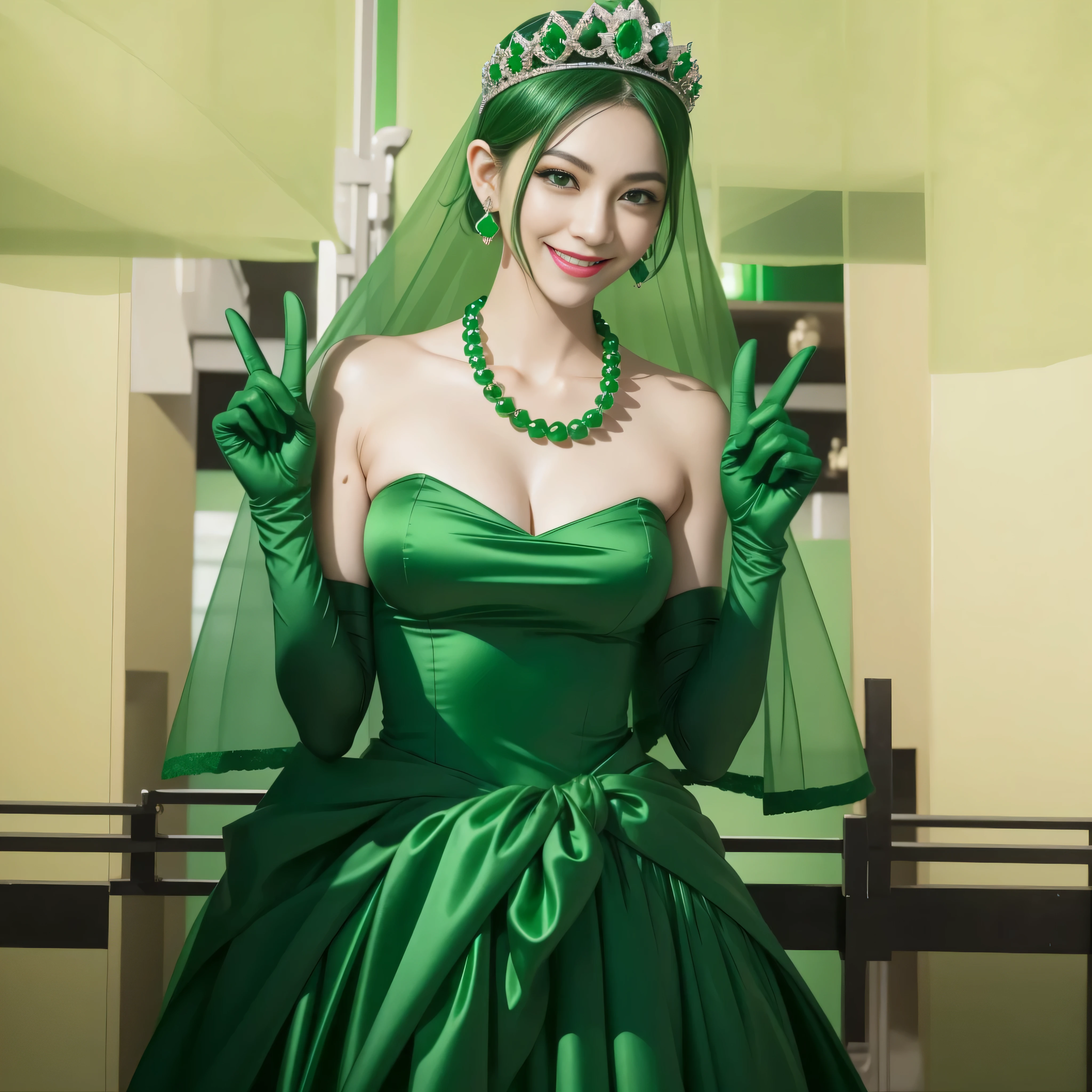 emerald tiara, green pearl necklace, boyish very short green hair, lipstick, smiling Japanese woman, very short hair, big breasts beautiful, green eyes, Long green satin gloves, green eyes, V sign, emerald earrings, green veil
