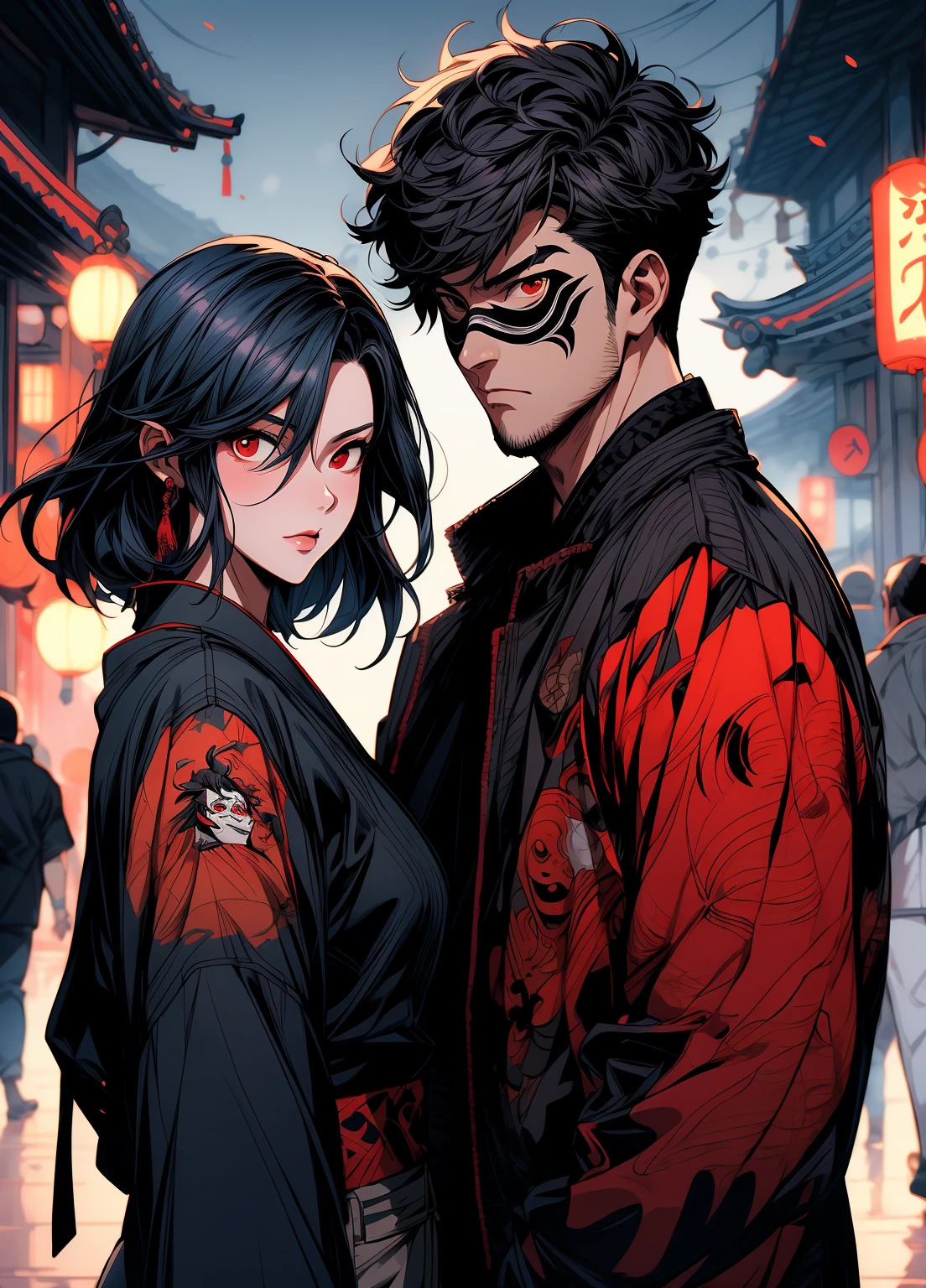 there is a woman with a mask and a demon mask, japanese art style, by Russell Dongjun Lu, artwork in the style of guweiz, artgerm and atey ghailan, masayoshi suto and artgerm, ilya kuvshinov and artgerm, artgerm and ilya kuvshinov, inspired by Yanjun Cheng