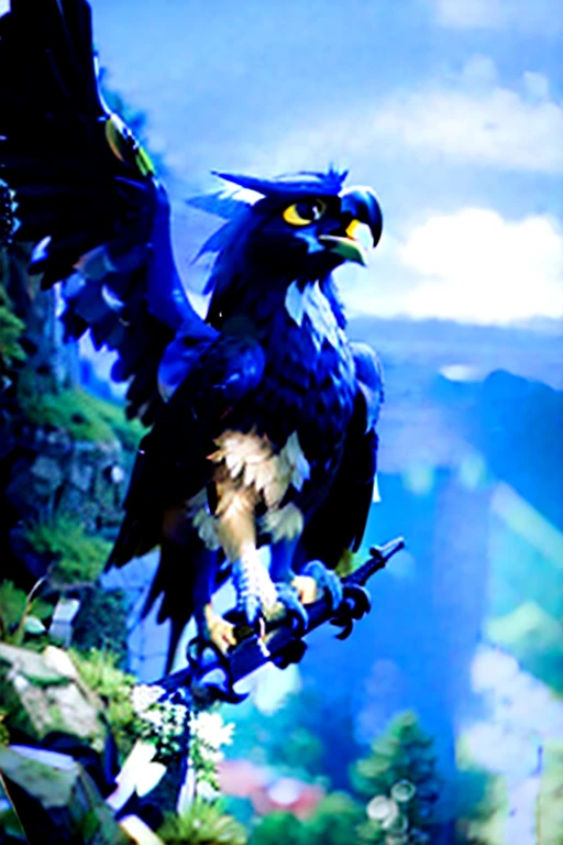 /imagine prompt: 3d animation, personality: [Show a majestic Gryphon landing gracefully beside Johnny at the cliff edge. The Gryphon's eyes are filled with wisdom, conveying a serene and peaceful presence.]-unreal engine, hyper real --q 2 --v 5.2 --ar 16:9