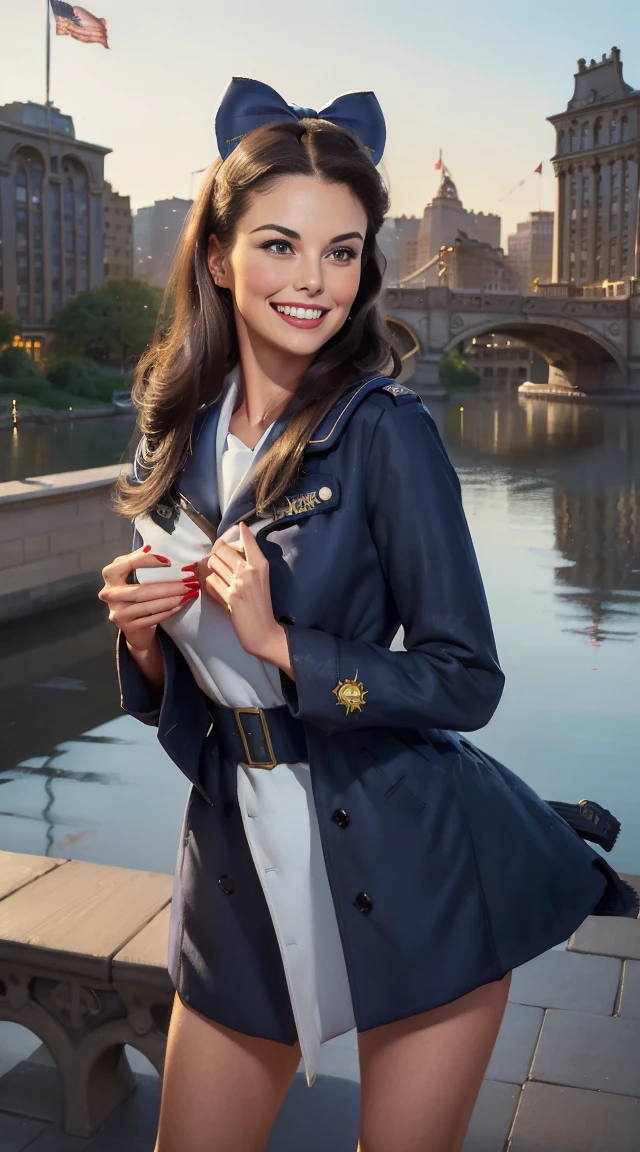 (masterpiece:1.4), (best quality:1.4), retro vintage 1960s pin-up style, extremely detailed, intricate, hyper-detailed, illustration, soft lighting, ((30 year old anorexic skinny actress Ali McGraw lookalike, 5’9” 34AA-27-35, 120 pounds)), ((tall perfect beautiful anorexic 30-year old “it-girl” actress: 1.4)), ((long anorexic perfectly shaped legs, long anorexic well-muscled arms)), ((waist-length dark brown perfectly straight hair, parted in the middle: 2.0)), ((very tall anorexic skinny actress girl: 1.8)), ((30-year old skinny model Ali McGraw lookalike: 1.4)), ((wearing ONLY an open sailor’s navy blue double breasted peacoat: 1.8)), ((displaying a sexually aroused energy: 1.4)), ((skinny 30-year-old “1960s it-girl” chick: 1.0)), ((completely flat chested actress: 1.0)), ((itsy-bitsy, teeny-weeny tiniest little pointy breasts: 1.6)), ((an aroused alluring facial expression: 1.5)), ((perfect Ali McGraw face: 1.4)), ((dark brown eyes: 1.8), ((beautiful face)), ((flushed rosy red cheeks: 1.4)), ((a sly alluring crooked grin on her face: 1.8)), ((she is running through the morning mist toward to camera: 1.4)), ((in late 1960s Central Park in mid-winter, New York: 1.2)), ((the Bow Bridge, the Dakota Apartments in the background: 1.8)),