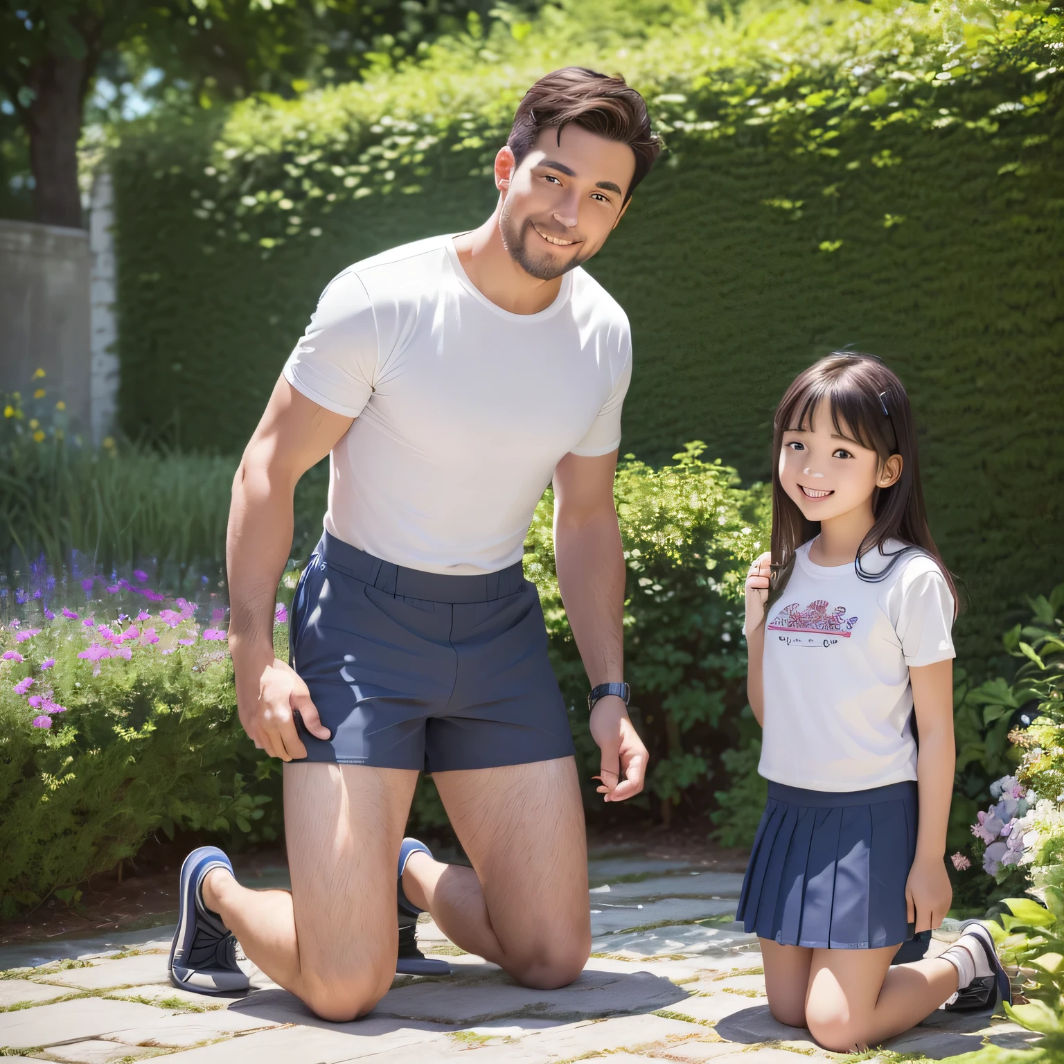 beautiful illustrations、highest quality、ultra high resolution、Professional specifications、 ((((An adult man wearing shorts and standing with his crotch sticking out))))、garden、(((look at the camera)))、smile、((((Young girl kneeling in a skirt))))