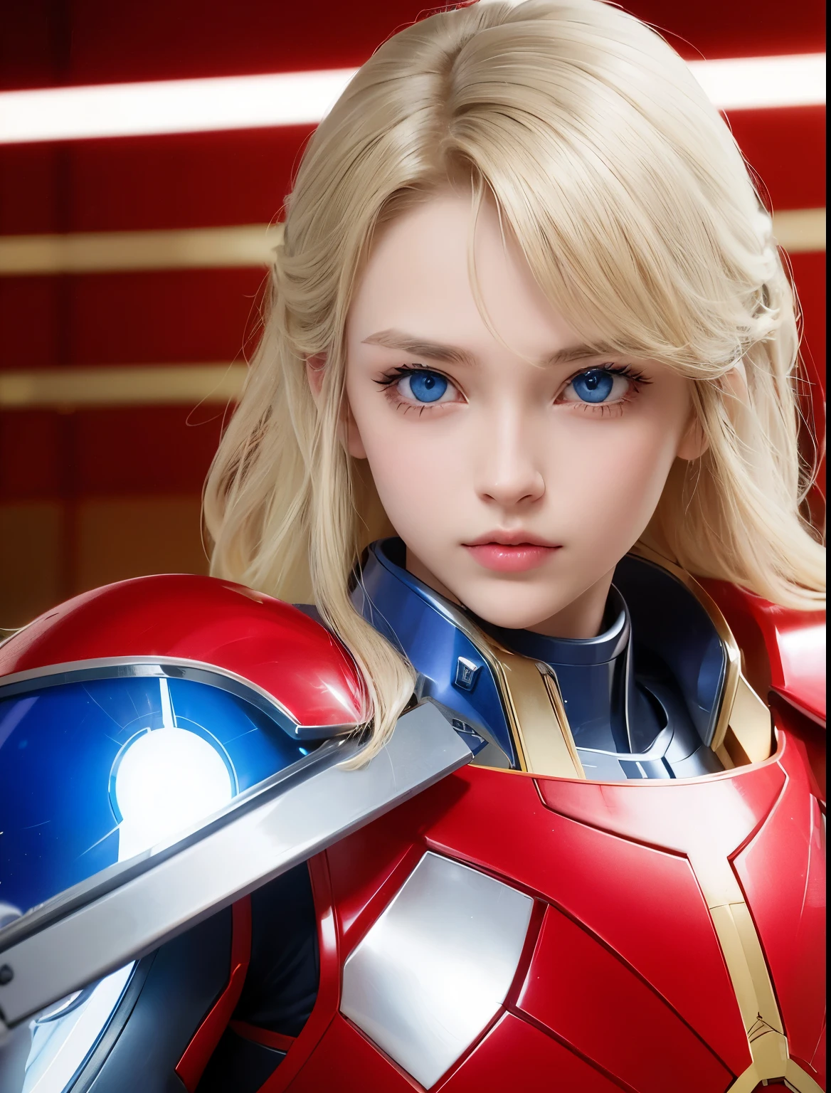 A beautiful woman looking seriously at the camera.Twenty years old. Blonde hair and blue eyes. He holds a light saber in one hand. He wears a red metallic battle uniform, and around his waist is something reminiscent of Kamen Rider's transformation belt. She is in a spaceship hangar. Beautiful double eyes. The bridge of my nose. Well-shaped lips.