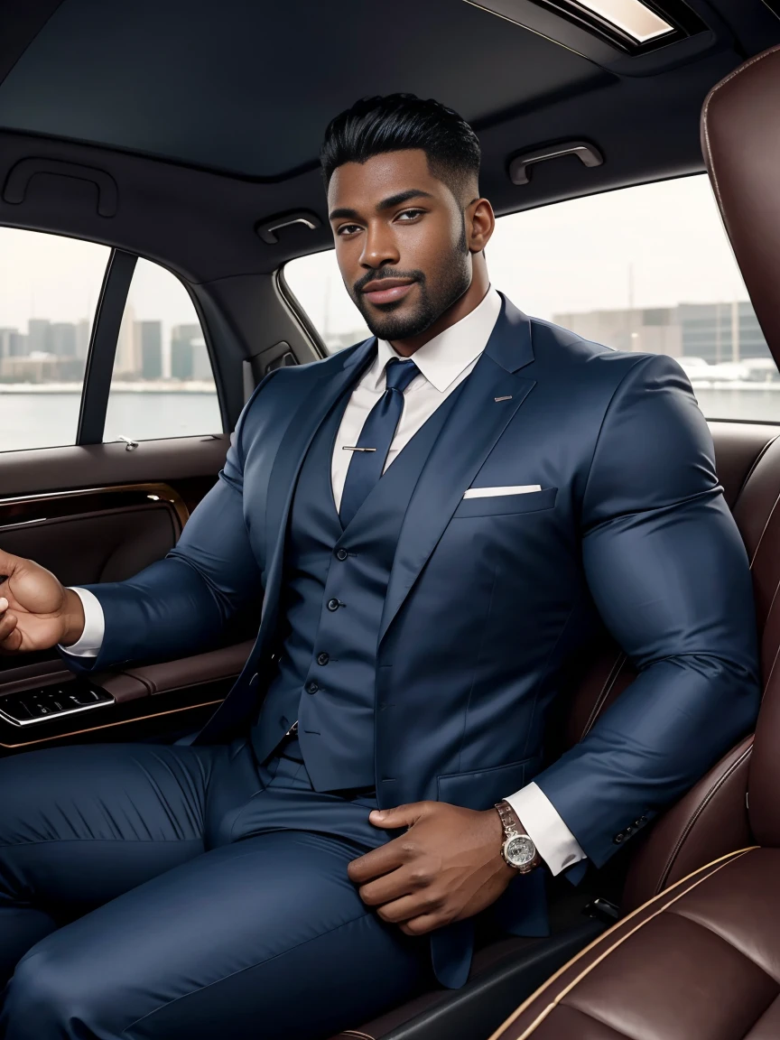 8k,8K resolution,2 Muscular Europeans, handsome man,charming eyes,dark skin,beautiful, smooth and shiny,Full muscles,Thick body hair, (wearing a stylish suit),big bag,emphasize,Two men sitting in a limousine,The car is filled with roses,smile happily,professional lighting,Professional photography,Realistic photos,realistic model,realistic art
