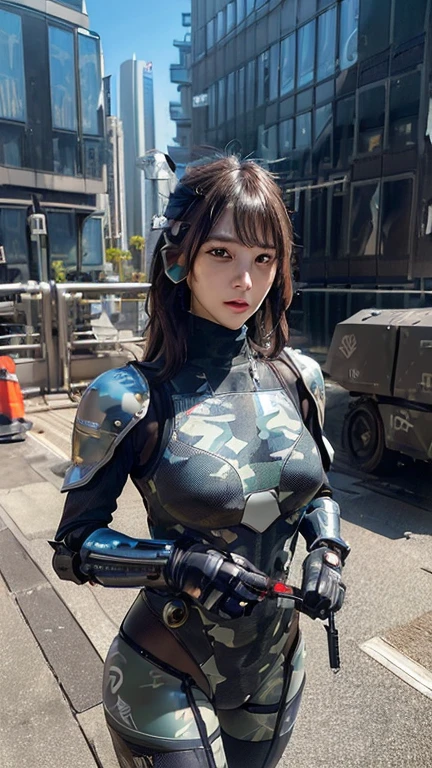 Extremely detailed CG unity 32K wallpaper, top quality, masterpiece, raw photo, photorealistic, highest resolution, professional photo, dynamic, cinematic lighting, (cyberpunk:1.4), sharp focus, depth of field, (perfect body, correct anatomy:1.5), intricately detailed face, POV, (from front:1.3), 1 girl, Japanese woman, solo, cowboy shot, black hair, SINGLE hair bun, ultra-realistic skin, bright and dark eyes, beautiful nose and lips, baby face, expressionless, (camouflaged, armored bodysuit:1.5), ((heavily mechanized bodysuit:1.4)), ((perfect body proportion:1.3)), slender, beautiful breast, ((large laser cannon on the shoulders:1.5)), exoskeletons made of alloy, camouflaged body armor, massive and mechanical exoskeletons, (((walking:1.1))), (((outdoor, futuristic city, vandalized buildings, daytime:1.3)))