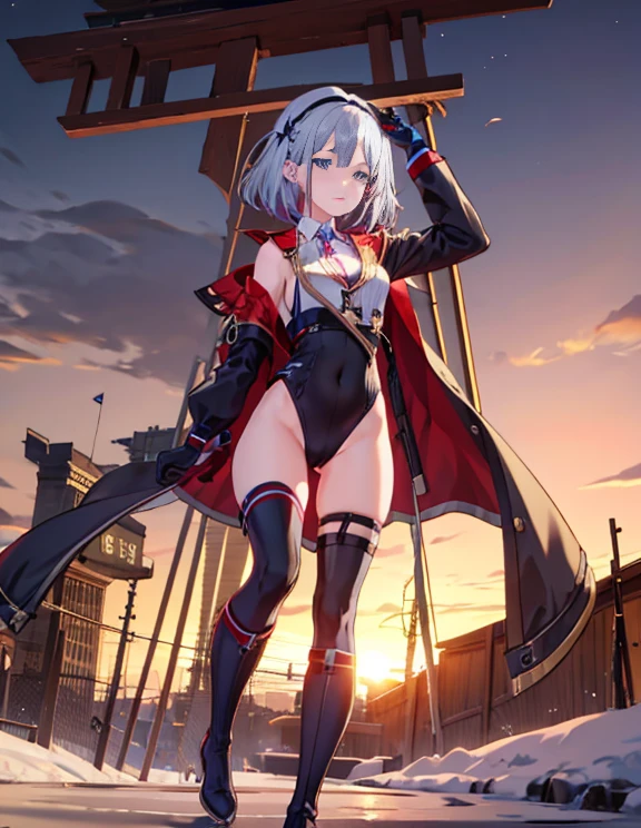 highest quality,sleeping face up in bed,Crab crotch,please show me your boots,thigh high boots,Leotard sneak peek,glove,Strange thieves,elegant, 1 girl, body suit,cute, blushed, looking at the viewer, from below, prison,blue eyes, beautiful eyes, beautiful background, particles of light, Light of the sun, dramatic lighting, outside, shiny, realistic, table top, highest quality, super detailed, be familiar with, scenery, beautiful and fine eyes, fine hair