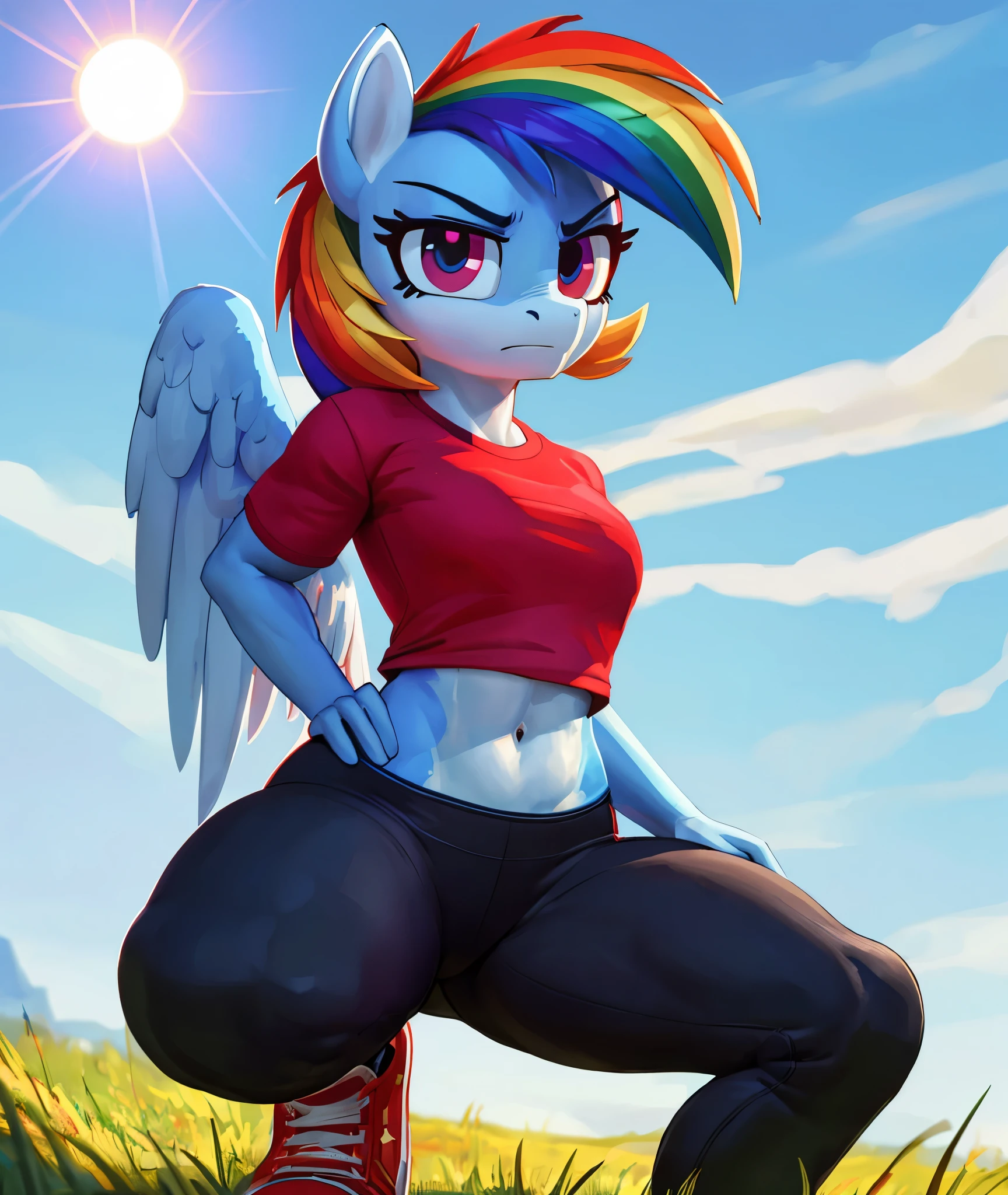 [rainbow dash], [Uploaded to e621.net; (siden), (Pixelsketcher), (mayosplash), (wamudraws)], ((masterpiece)), ((HD)), ((high res)), ((solo portrait)), ((full body)), ((front view)), ((pony; anthro)), ((detailed fur)), ((detailed shading)), ((beautiful render art)), ((intricate details)), {anthro horse; (slim figure), (light-blue fur), horse snout, (cute magenta eyes), (short eyelashes), (multi tone hair), (long rainbow-colored hair), (light-blue pegasus wings), (curvy hips), (defined muscles), (beautiful legs), (annoyed expression)}, {(red tee shirt), (short sleeves), (navel), (black spandex yoga pants), (red sneakers)}, {(squatting), (hand on hip), (looking at viewer)}, [background; (grass plains), (rainbow in background), (clouds in sky), (blue sky), (sun rays), (ambient lighting)]
